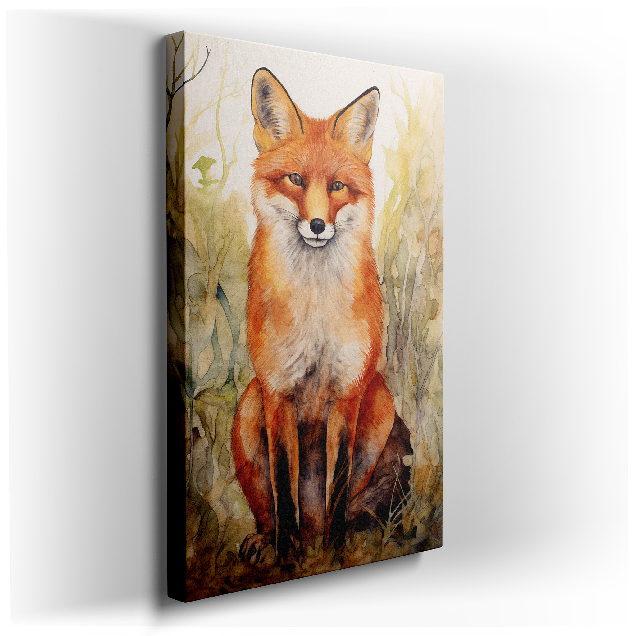 Enchanting Fox in Tranquil Vigilance: A Masterful Watercolor Depiction of the Wild Spirit, Large Wall Art, Canvas Wall