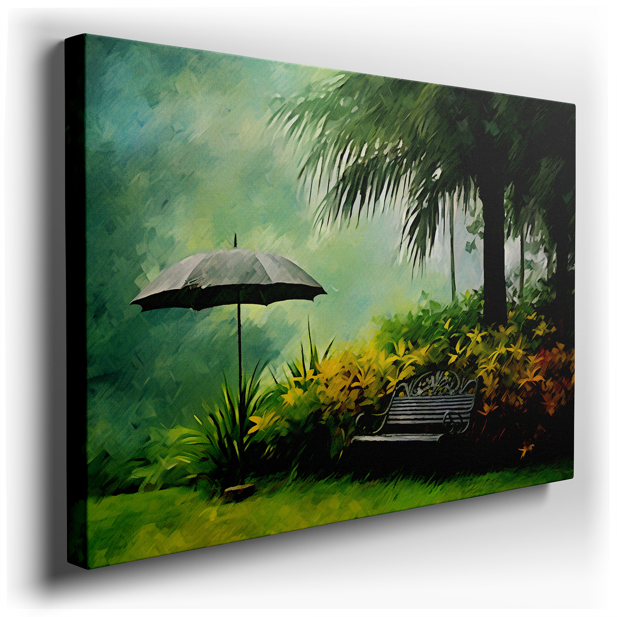 Enchanting Garden Oasis Featuring a Hidden Bench Beneath a Grey Umbrella, A Peaceful Retreat Surrounded by Lush