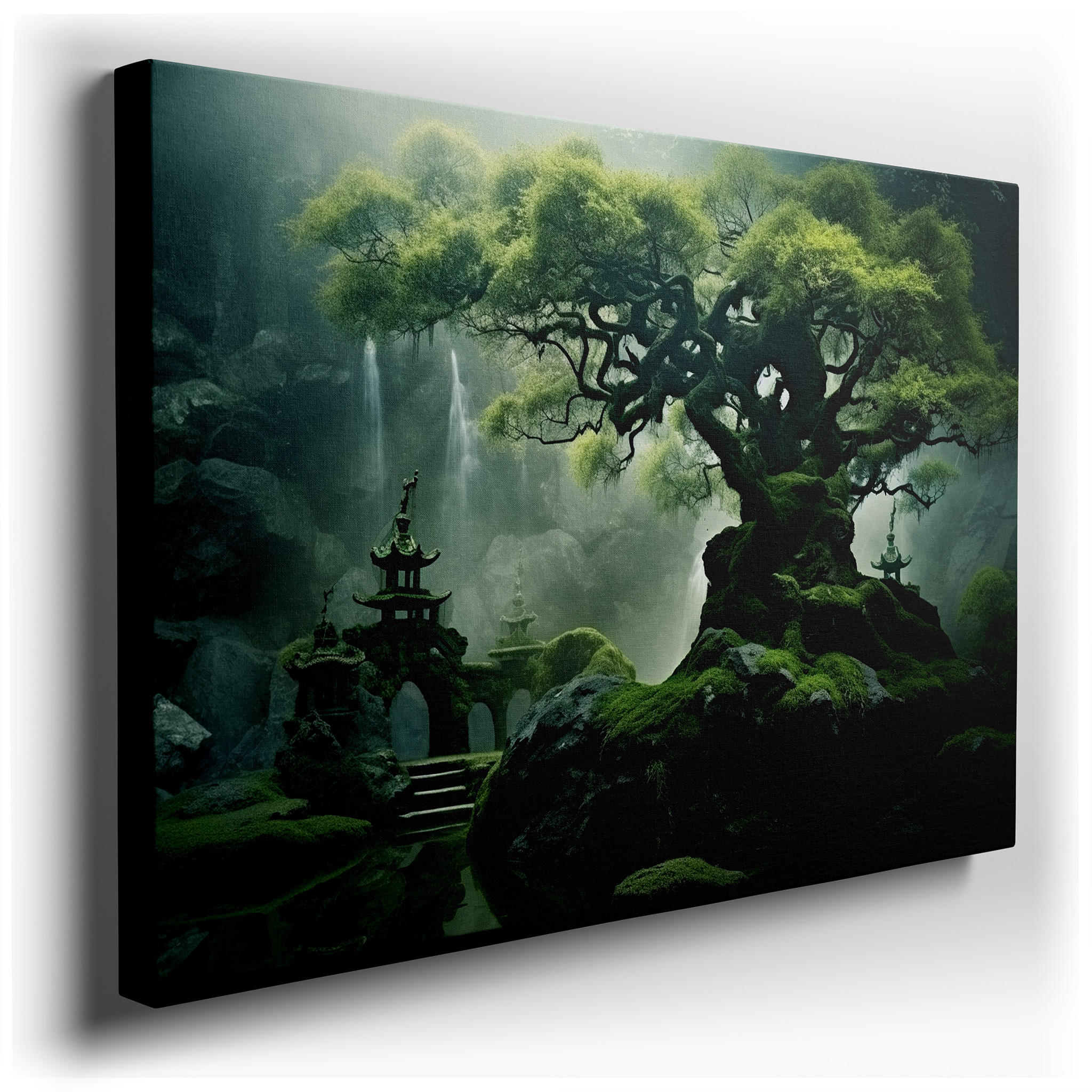 Enchanting Landscape Featuring Eternal Tree, Jagged Stones, and Graceful Pagoda in Fog - Large Canvas Wall Art for