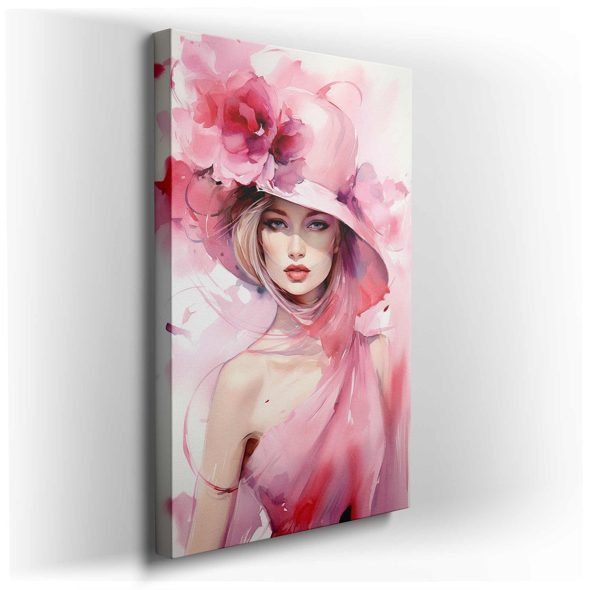 Enchanting Large Canvas Wall Art Featuring a Woman in a Pink Floral Hat, Perfect for Office, Bedroom, or Living Room