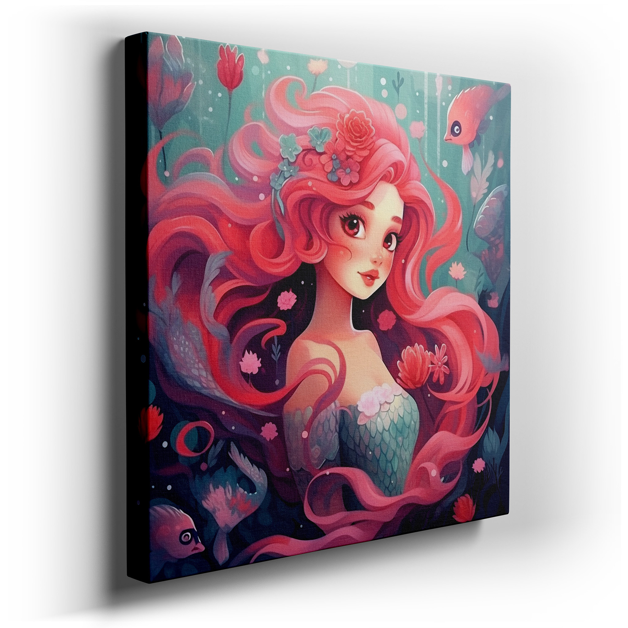 Enchanting Mermaid with Coral Hair Large Canvas Wall Art for Bedroom and Office Decor in a Magical Underwater Realm