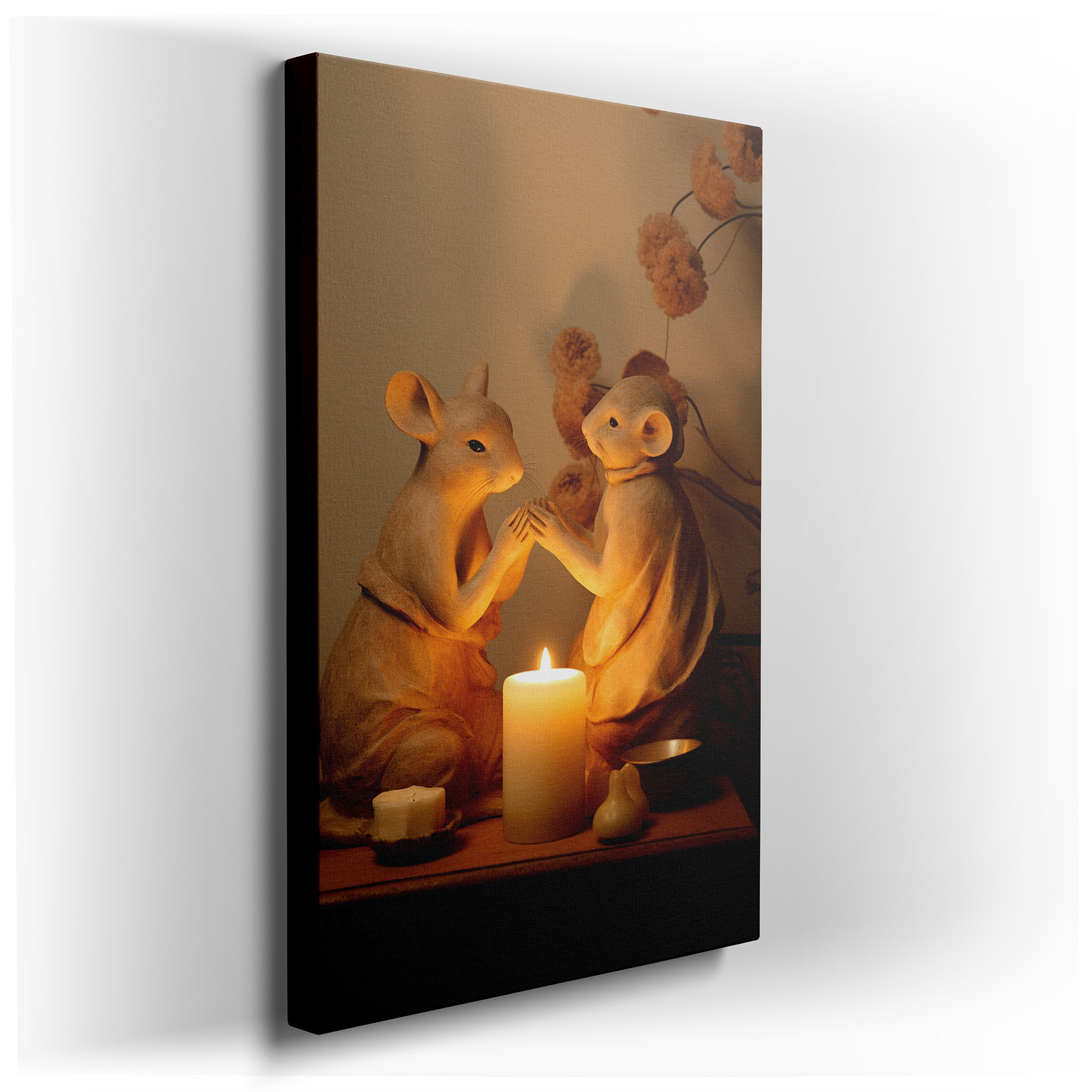 Enchanting Mouse Figurines in Candlelight Shadow Play: Whimsical Large Wall Art, Canvas Decor for Office and Home