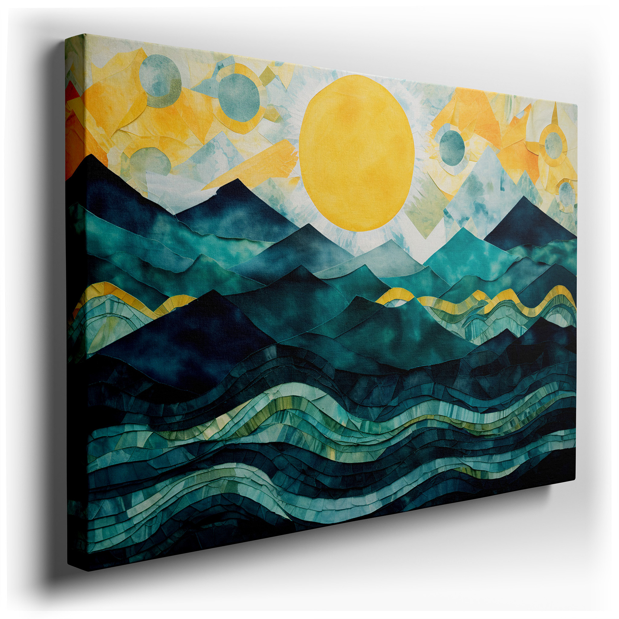 Enchanting Seascape Featuring Gentle Waves and Majestic Mountains Beneath a Radiant Sun - Large Canvas Wall Art for