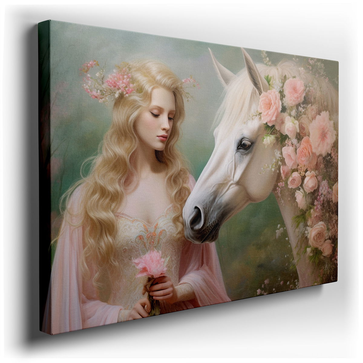 Enchanting White Horse in Floral Wonderland - Canvas Wall Art