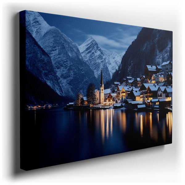 Enchanting Winter Village at Dusk - Tranquil Lakeside Canvas Wall Art