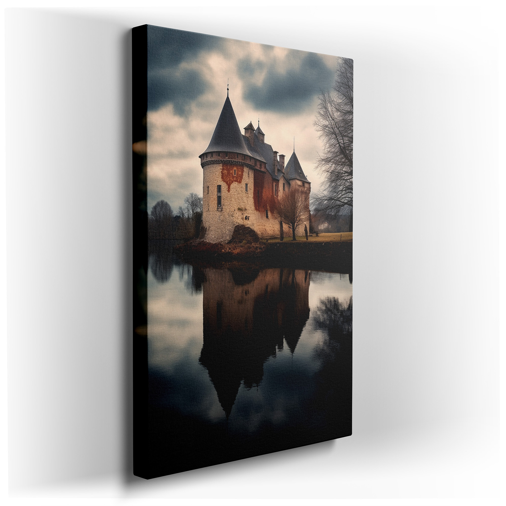 Enigmatic Castle by the Lake Wall Art: Large Canvas for Office, Bedroom, and Living Room Decor, Mysterious and Solitary