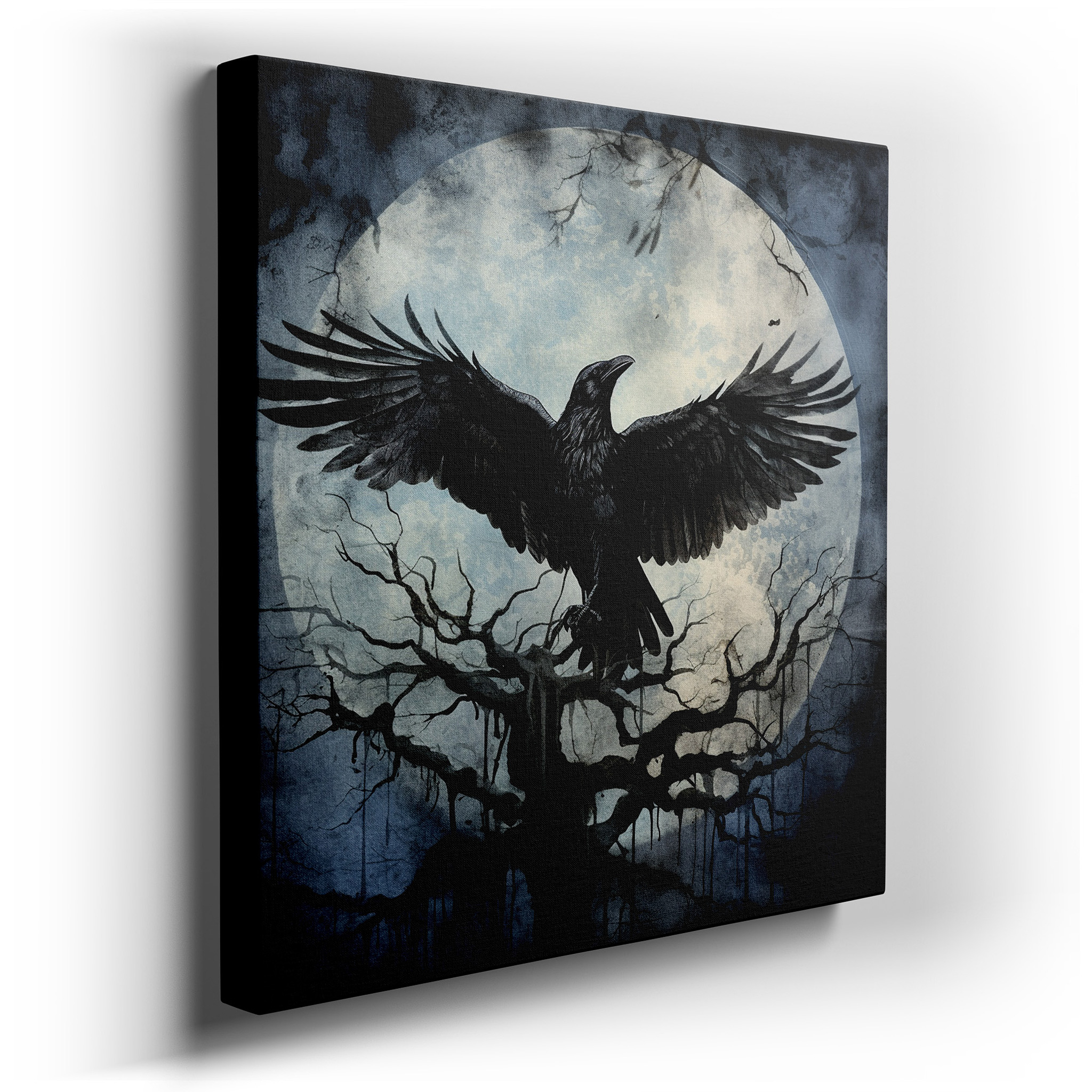 Enigmatic Raven on a Withered Branch Under a Mystical Moon - Large Canvas Wall Art for Office and Bedroom Decor wrapped