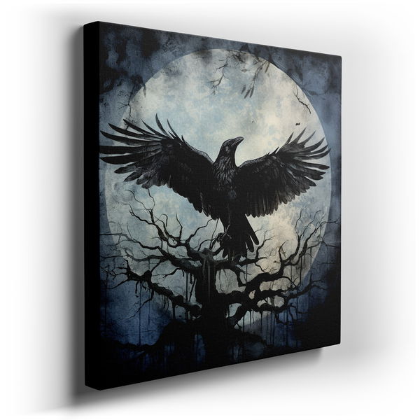 Enigmatic Raven on a Withered Branch - Surreal Canvas Wall Art