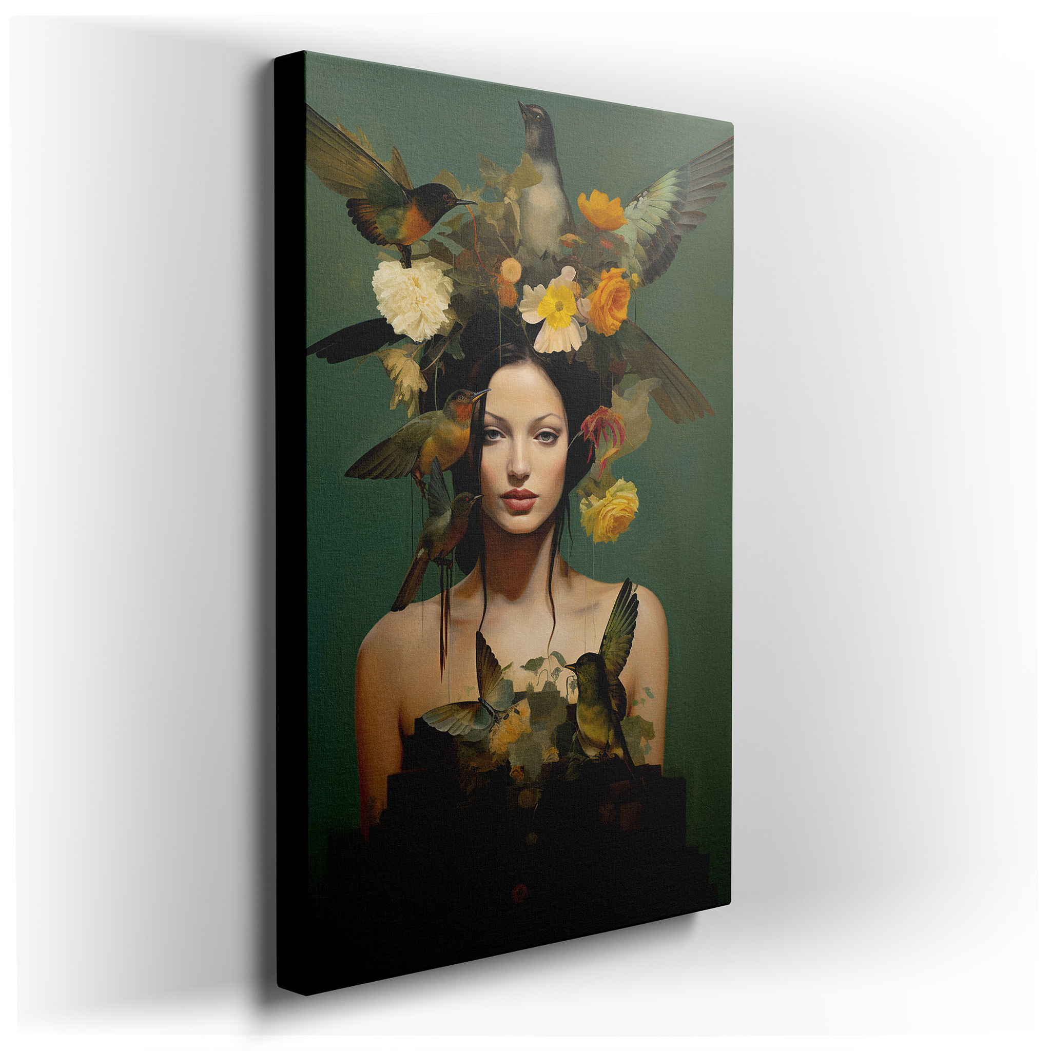 Ethereal Beauty and Freedom with a Crown of Birds and Flowers: Large Canvas Wall Art for Office, Bedroom, and Living