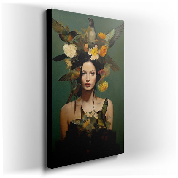 Ethereal Beauty: Woman with Birds and Flowers - Canvas Wall Art
