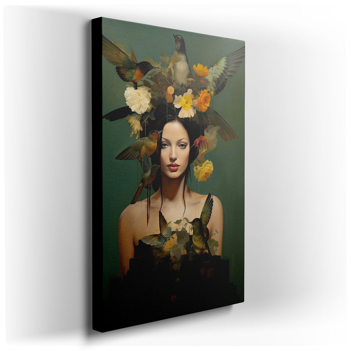 Ethereal Beauty: Woman with Birds and Flowers - Canvas Wall Art