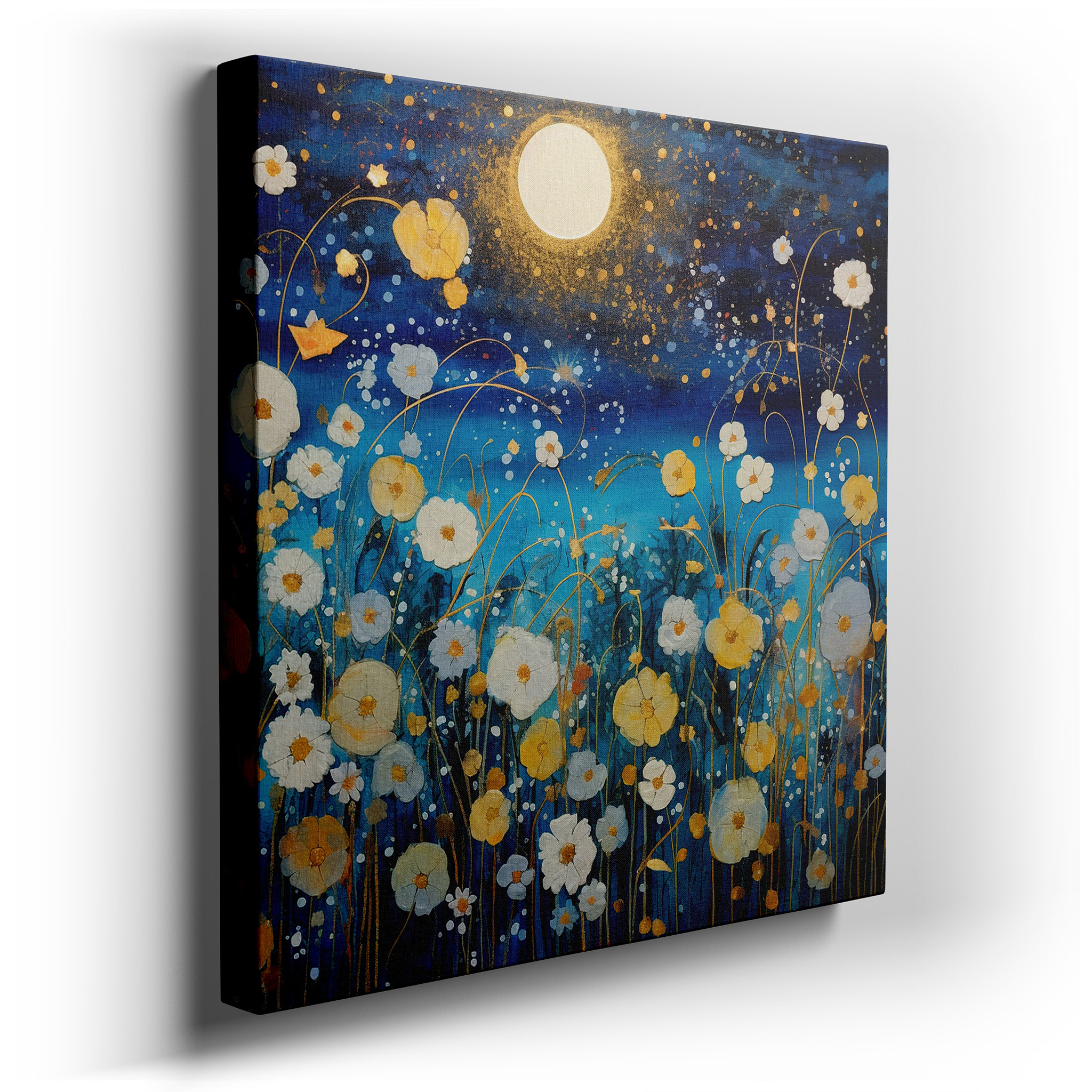 Ethereal Blue Moonlit Garden - Tranquil Nighttime Paradise with Glowing Flowers and Soft Gold Highlights, Large Canvas