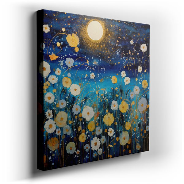 Ethereal Blue Moonlit Garden - Tranquil Nighttime Paradise - Canvas Wall Art