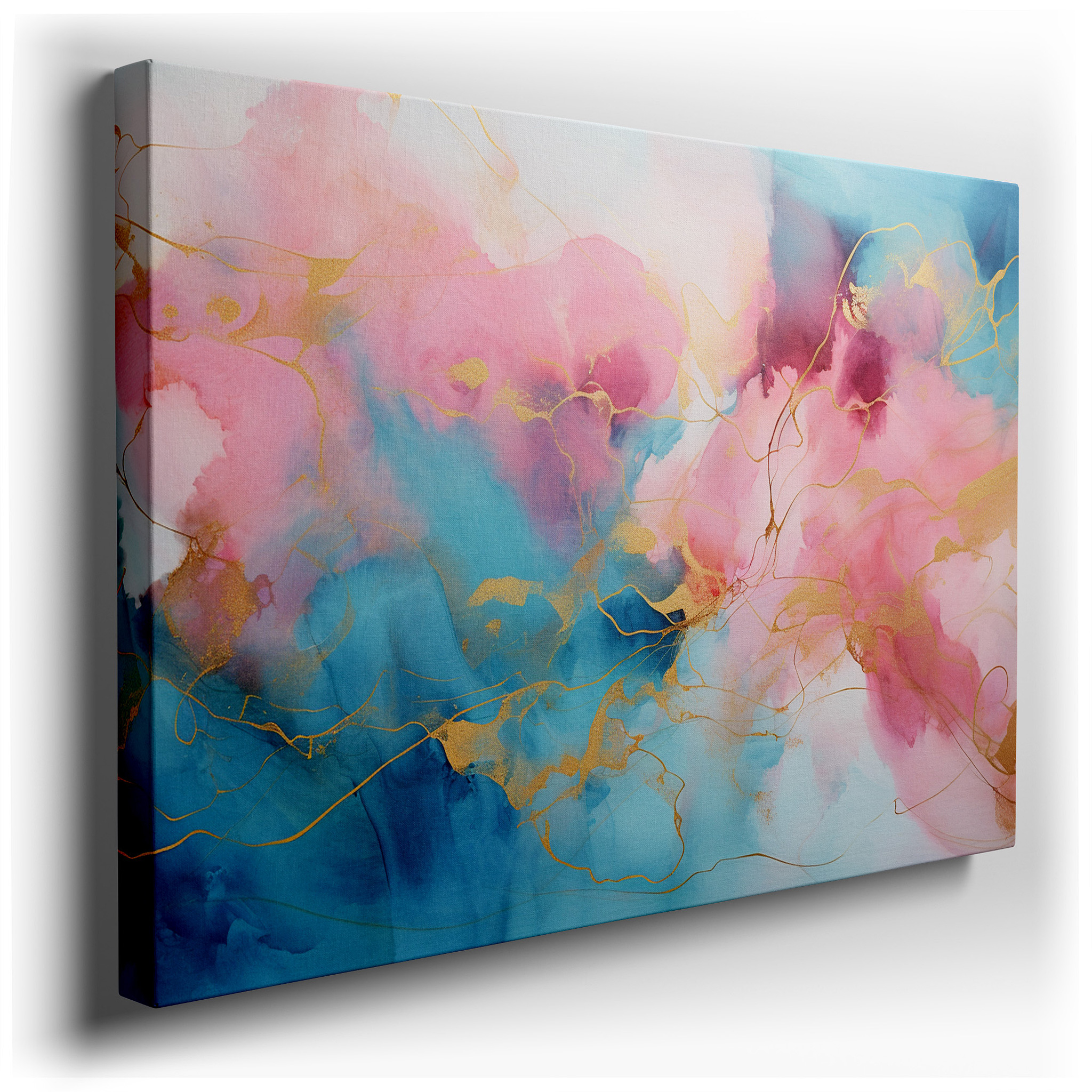 Ethereal Canvas Wall Art Featuring Dreamlike Pinks, Blues, and Gold Lines for Office, Bedroom, and Living Room Decor