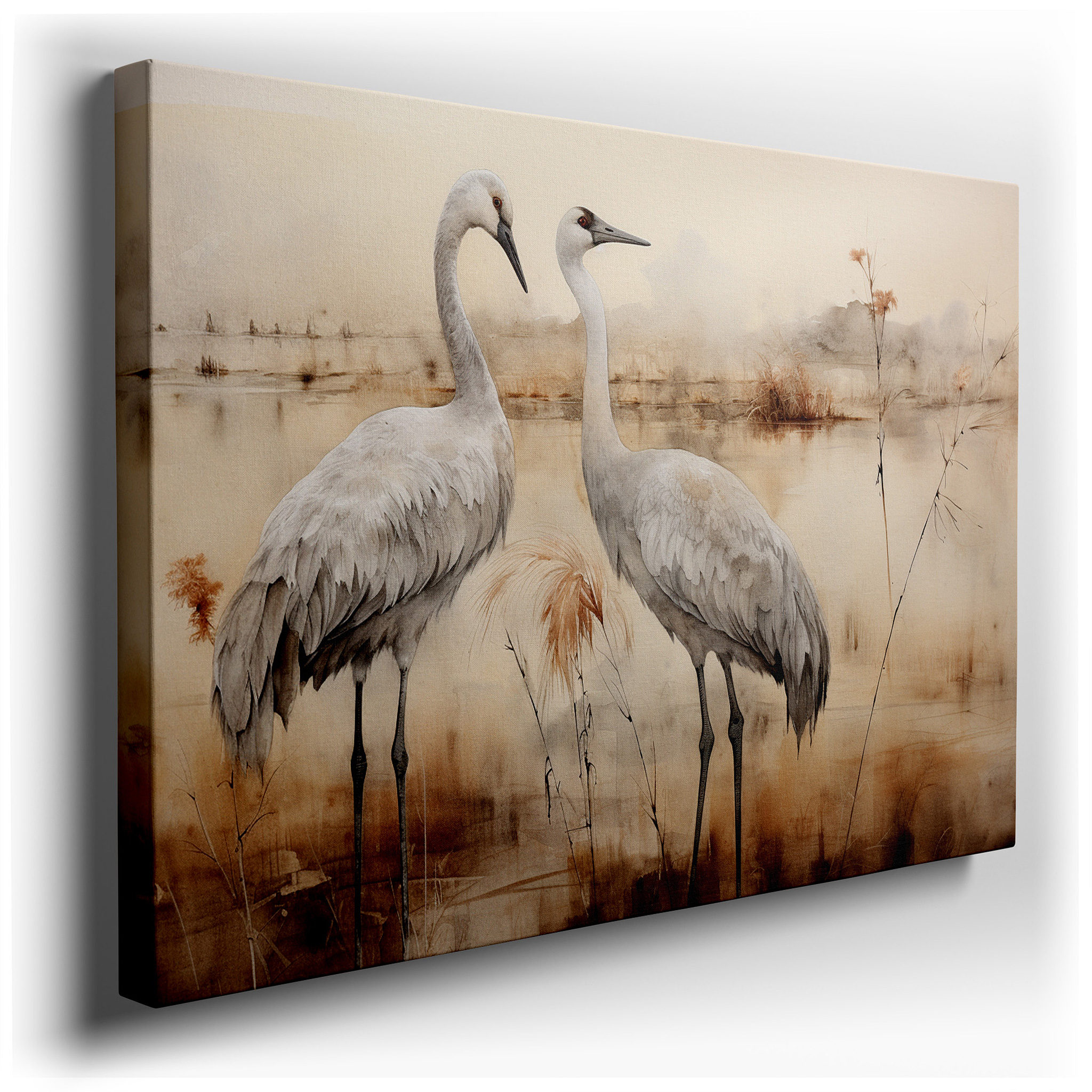 Ethereal Landscape with Tranquil Cranes: Serene Nature and Wildlife Large Wall Art, Canvas Decor for Office and Bedroom