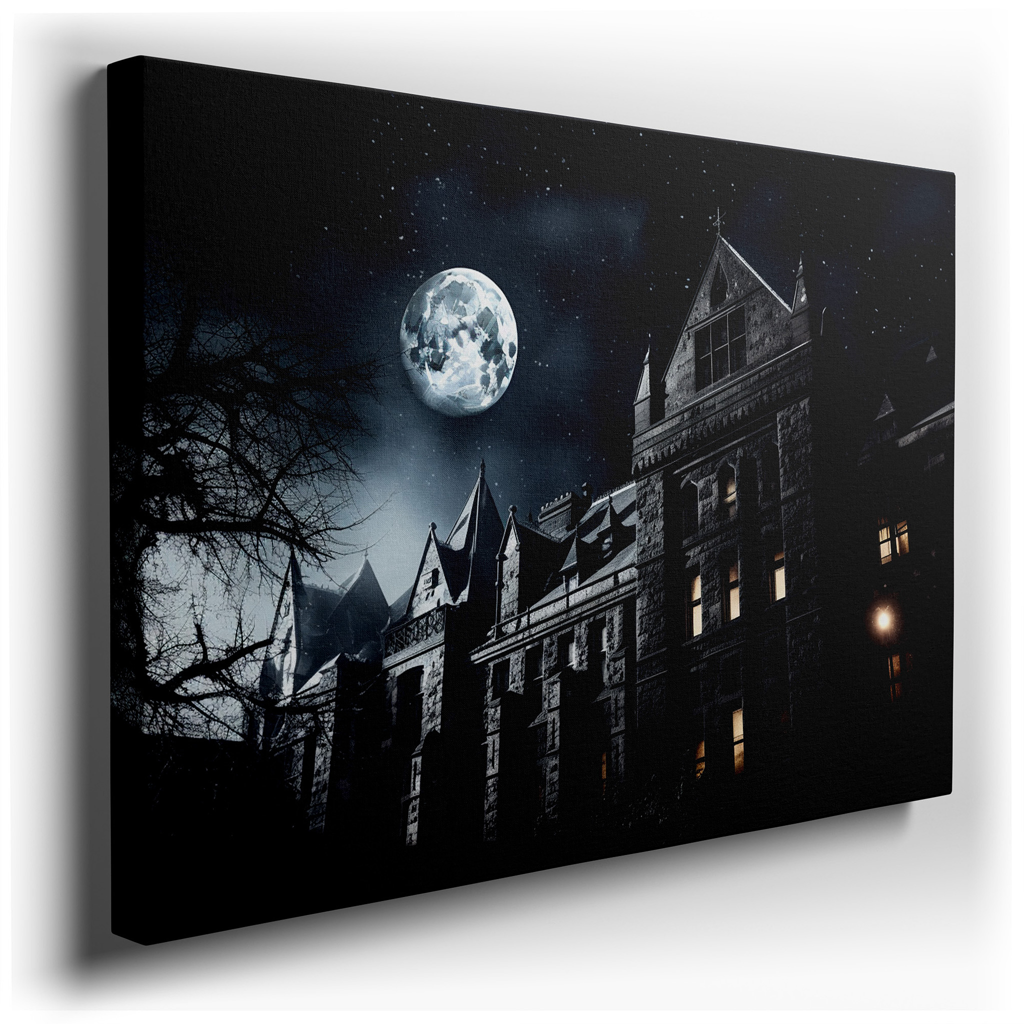 Ethereal Moonlit Mansion: Mysterious and Inviting Large Wall Art, Canvas Decor for Home and Office wrapped canvas -