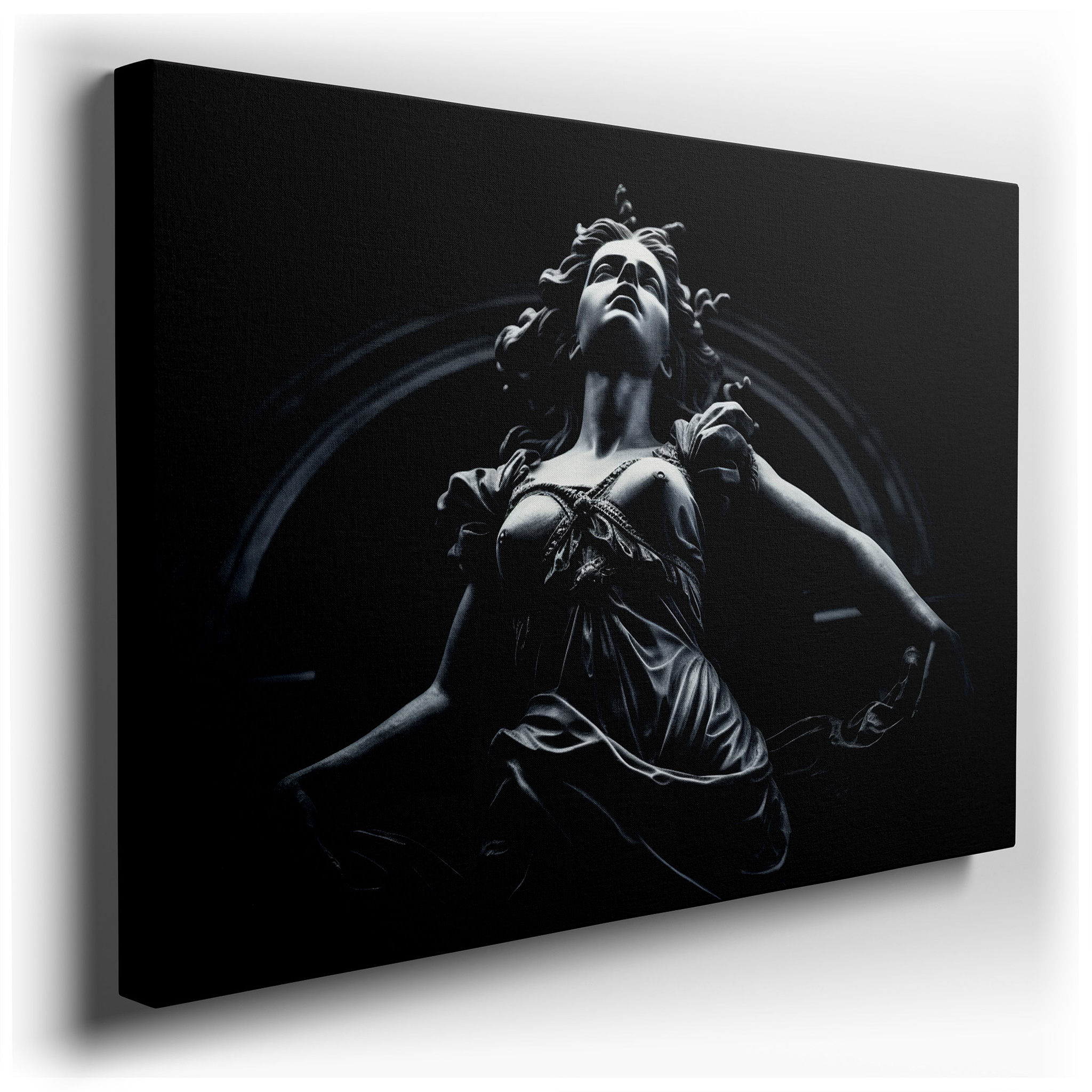 Ethereal Statue in Motion: A Dance of Light and Shadow Amidst Darkness - Large Canvas Wall Art for Office and Bedroom