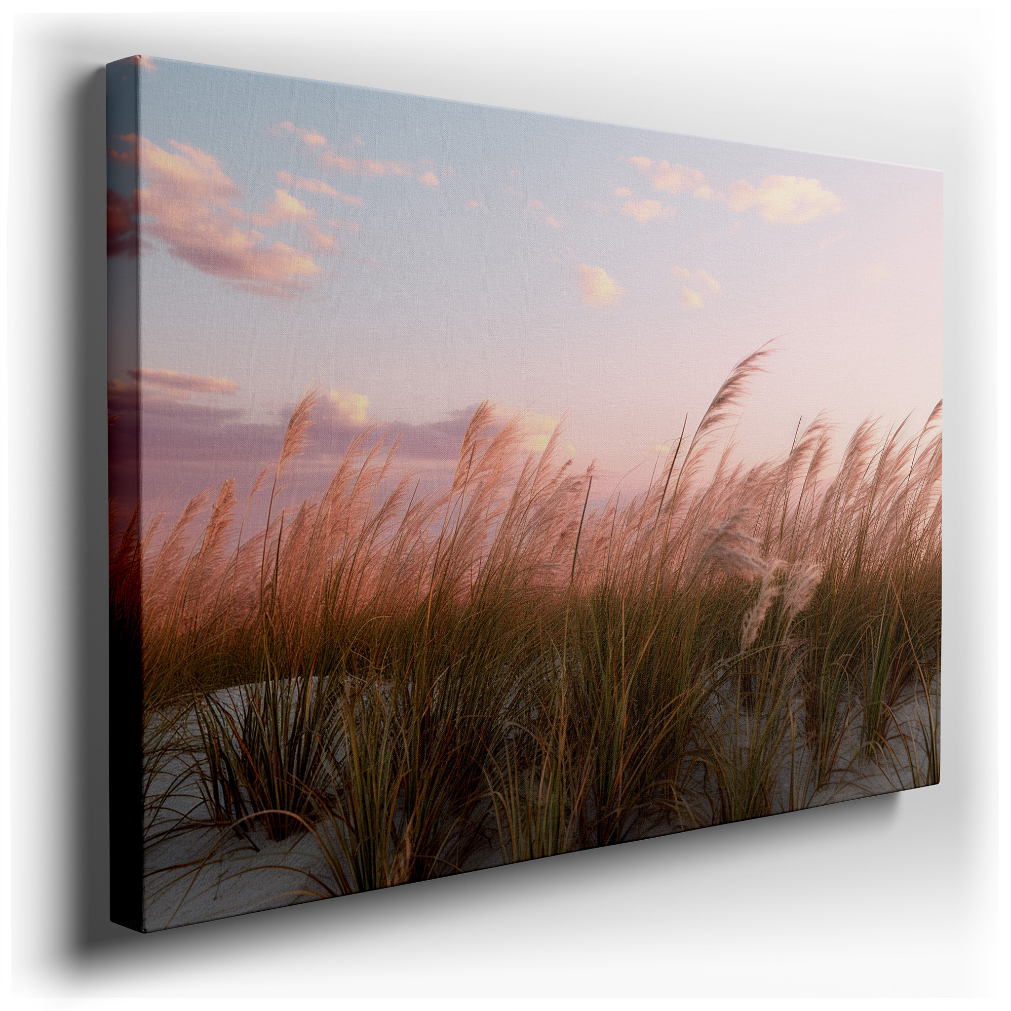 Evening Serenity by the Shore: Pink Sunset and Swaying Dune Grass Large Wall Art, Canvas Wall Art, Wall Decor for