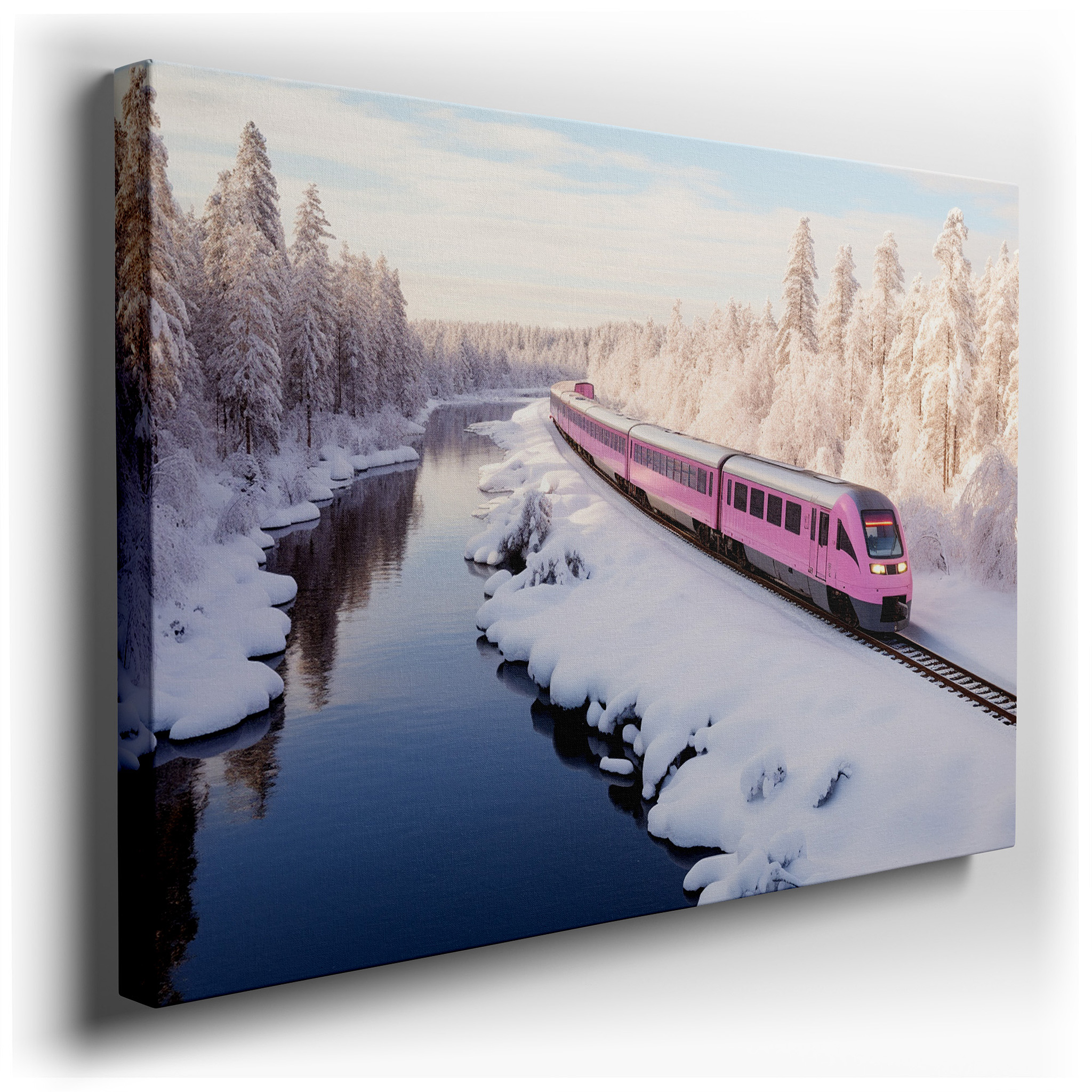 Explore a Winter Wonderland with a Bright Pink Train: Large Canvas Wall Art for Offices, Bedrooms, and Living Rooms