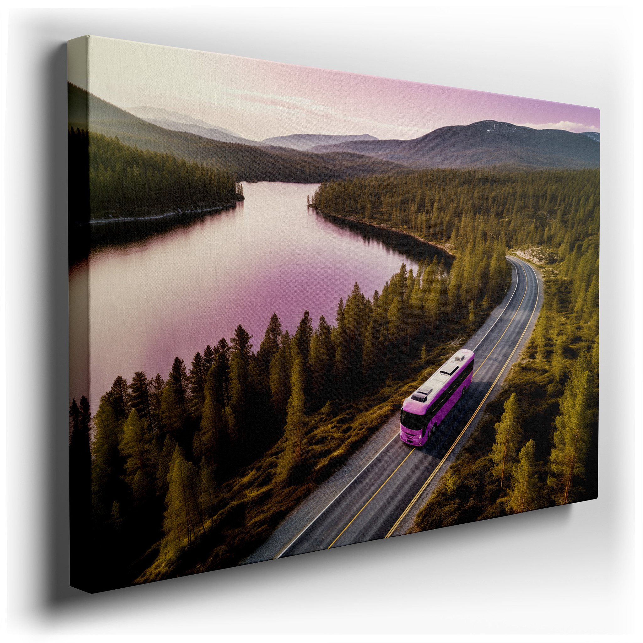 Explore the Tranquil Lake Road with a Chic Pink Bus Surrounded by Lush Mountains - Large Wall Art, Canvas Wall Art,