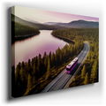Explore the Tranquil Lake Road with a Chic Pink Bus - Canvas Wall Art