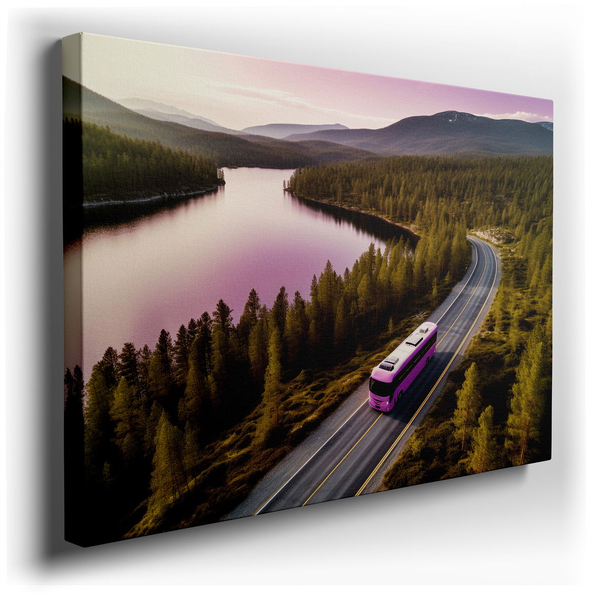 Explore the Tranquil Lake Road with a Chic Pink Bus - Canvas Wall Art