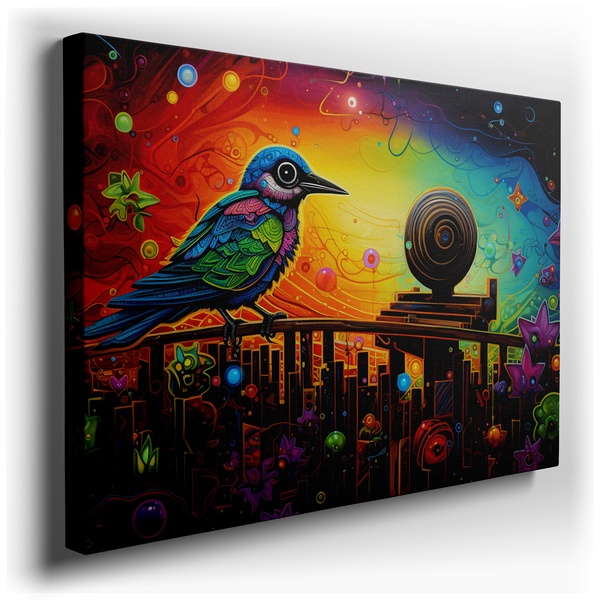 Fantasy Meets Reality: Vivid Bird Centerpiece with Abstract Natural Elements, Large Canvas Wall Art for Home and Office