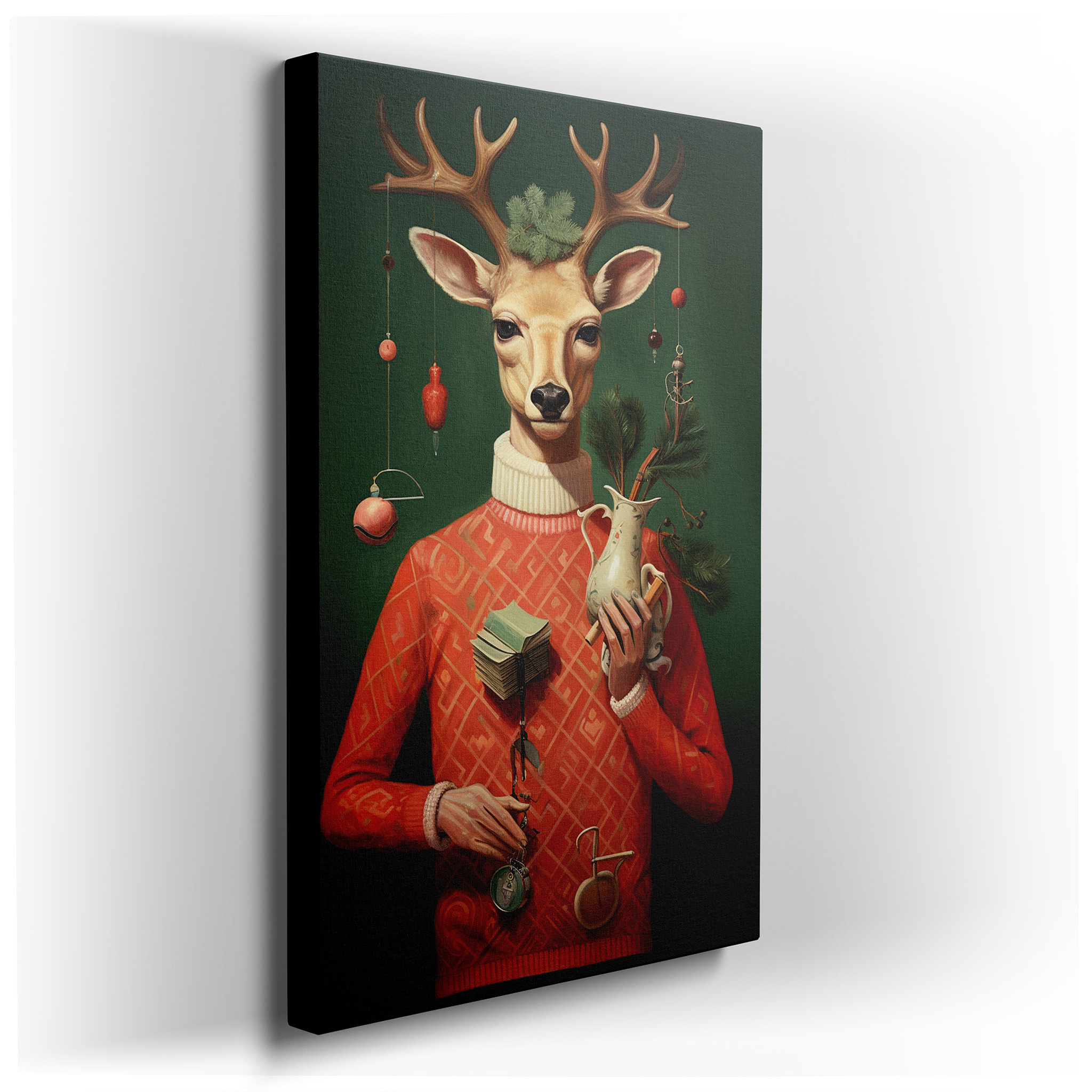 Festive Deer in a Cozy Red Sweater with Vibrant Plant and Holiday Ornaments - Large Canvas Wall Art for Office and