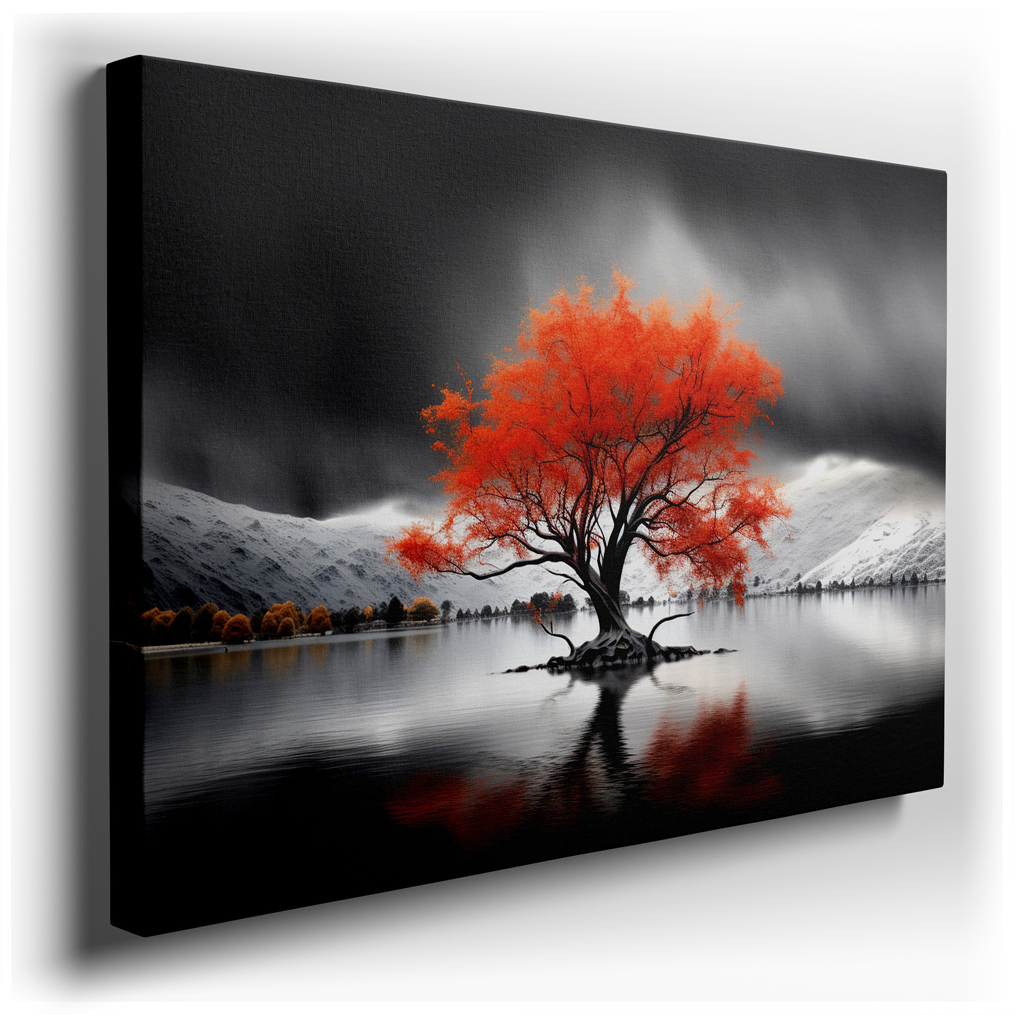 Fiery Autumn Tree Against Stark Mountains: A Symbol of Life's Fragility and Strength - Large Wall Art, Canvas Print,