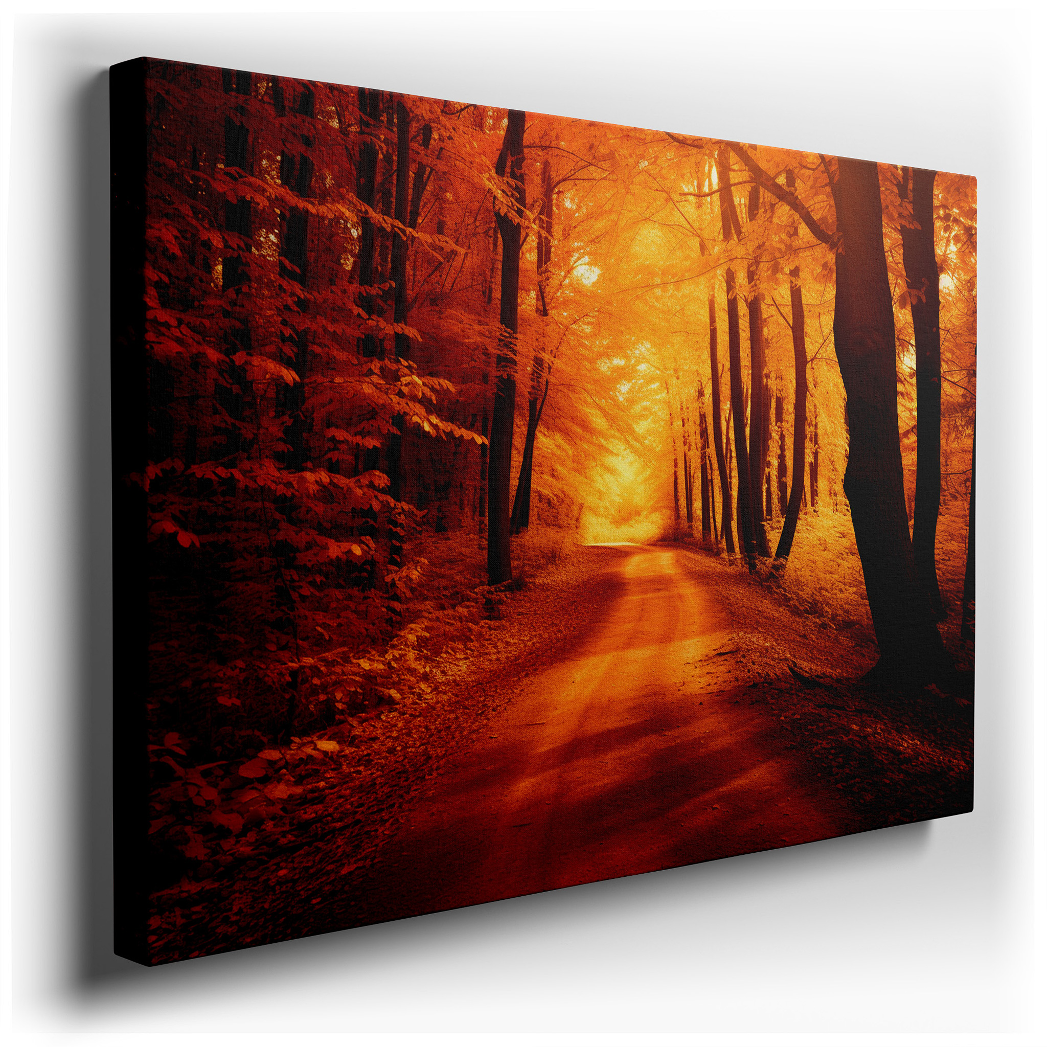 Fiery Autumnal Pathway Canvas Print: Serene Wall Art for Office or Bedroom Decor wrapped canvas - main product photo
