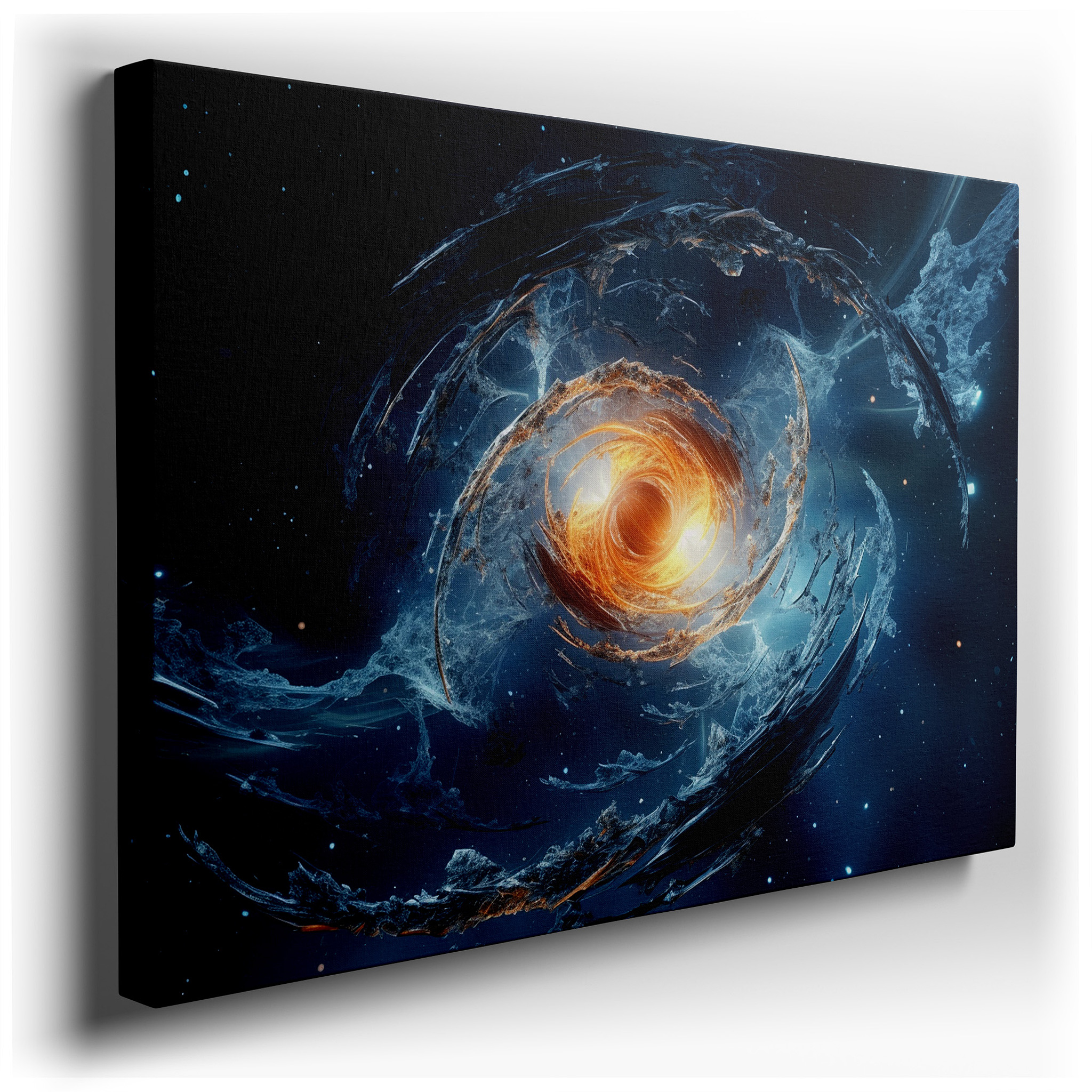 Fiery Cosmic Vortex and Celestial Swirls Wall Art in Deep Blues and Vibrant Oranges, Large Canvas for Home and Office