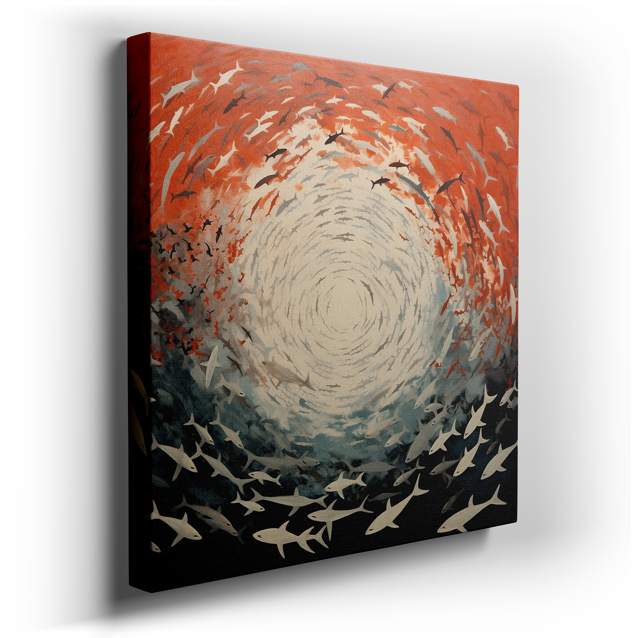 Fiery Depths Sharks: A Balletic Display of Nature's Fierce Beauty - Large Canvas Wall Art for Office and Bedroom Decor