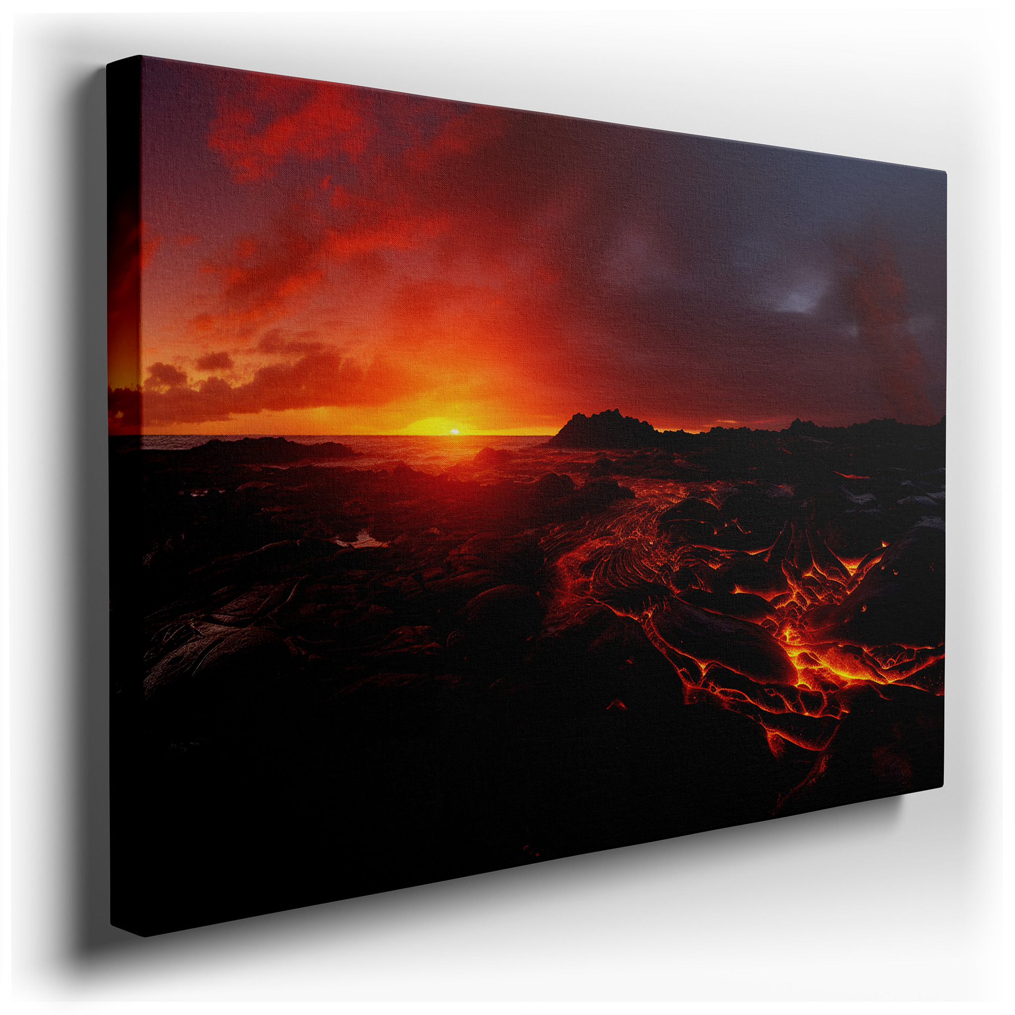 Fiery Eruption and Serene Ocean at Sunset: A Vivid Dance of Creation and Destruction - Large Wall Art, Canvas Wall Art,