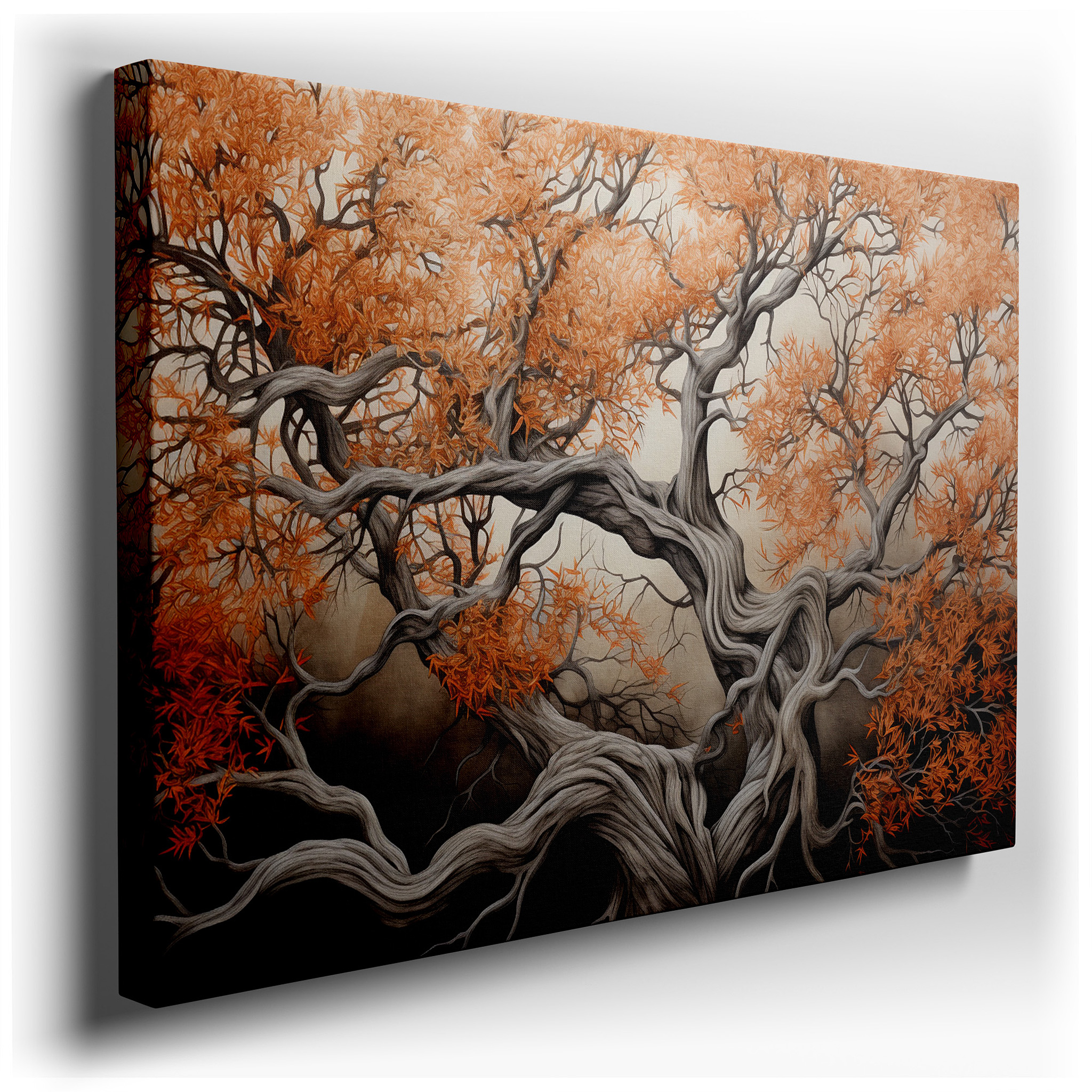 Fiery Orange Autumn Tree with Gnarled Branches Large Canvas Wall Art, Dramatic Dark Backdrop Wall Decor wrapped canvas