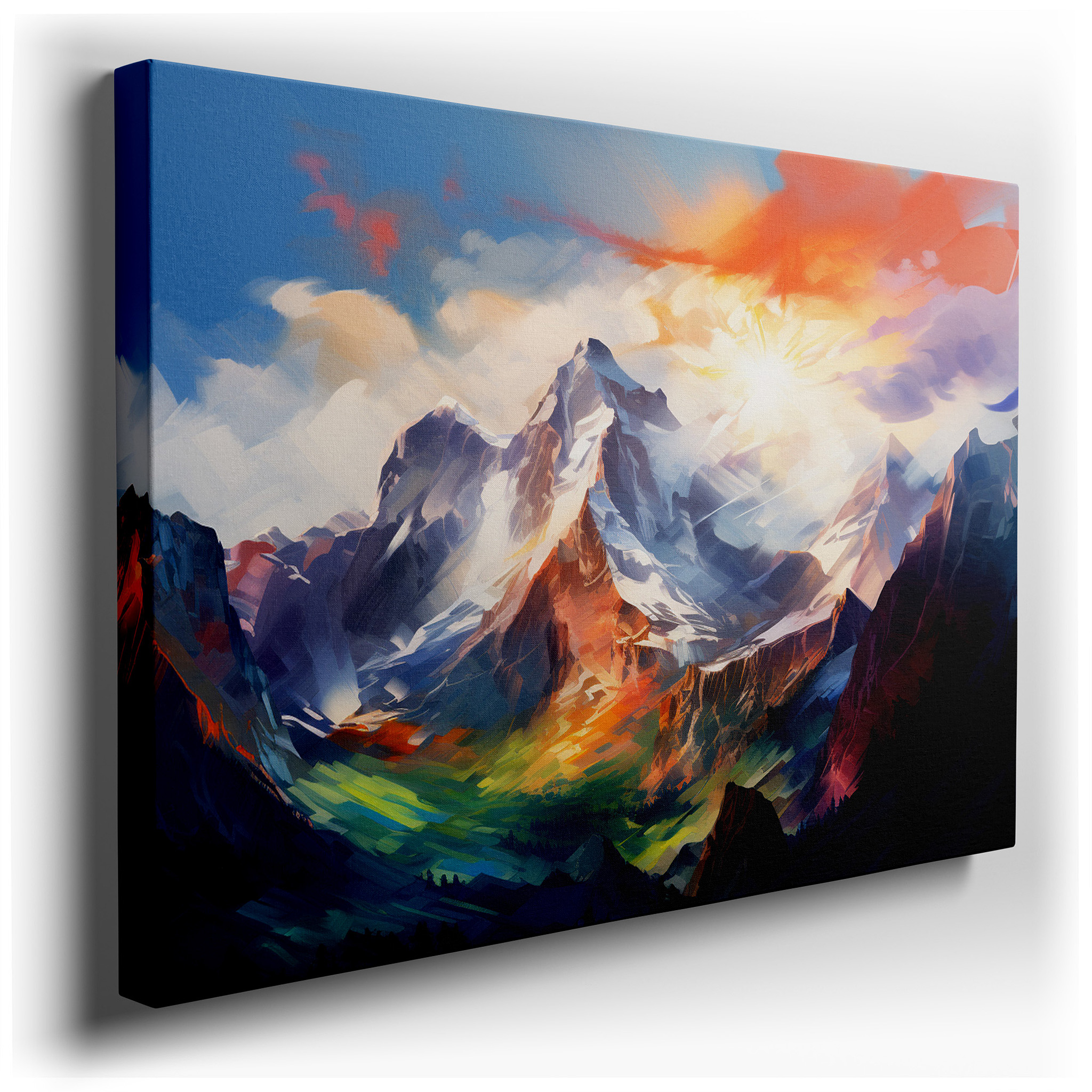 Fiery Oranges and Cool Blues Sunrise Over Snow - Capped Peaks Large Canvas Wall Art for Office and Bedroom Decor