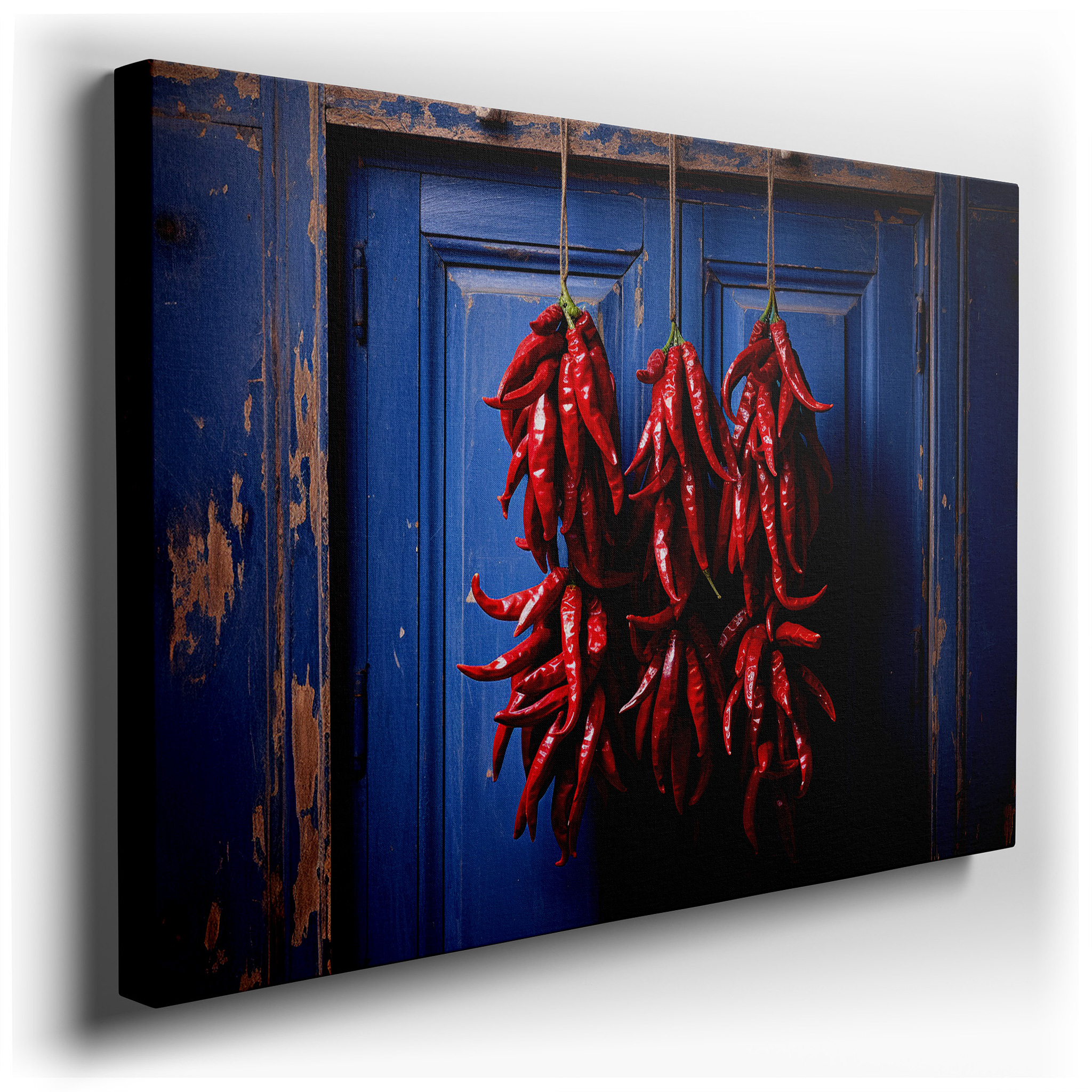 Fiery Red Chilies Against a Weathered Blue Door - Bold Culinary - Themed Large Wall Art, Canvas Decor for Office and