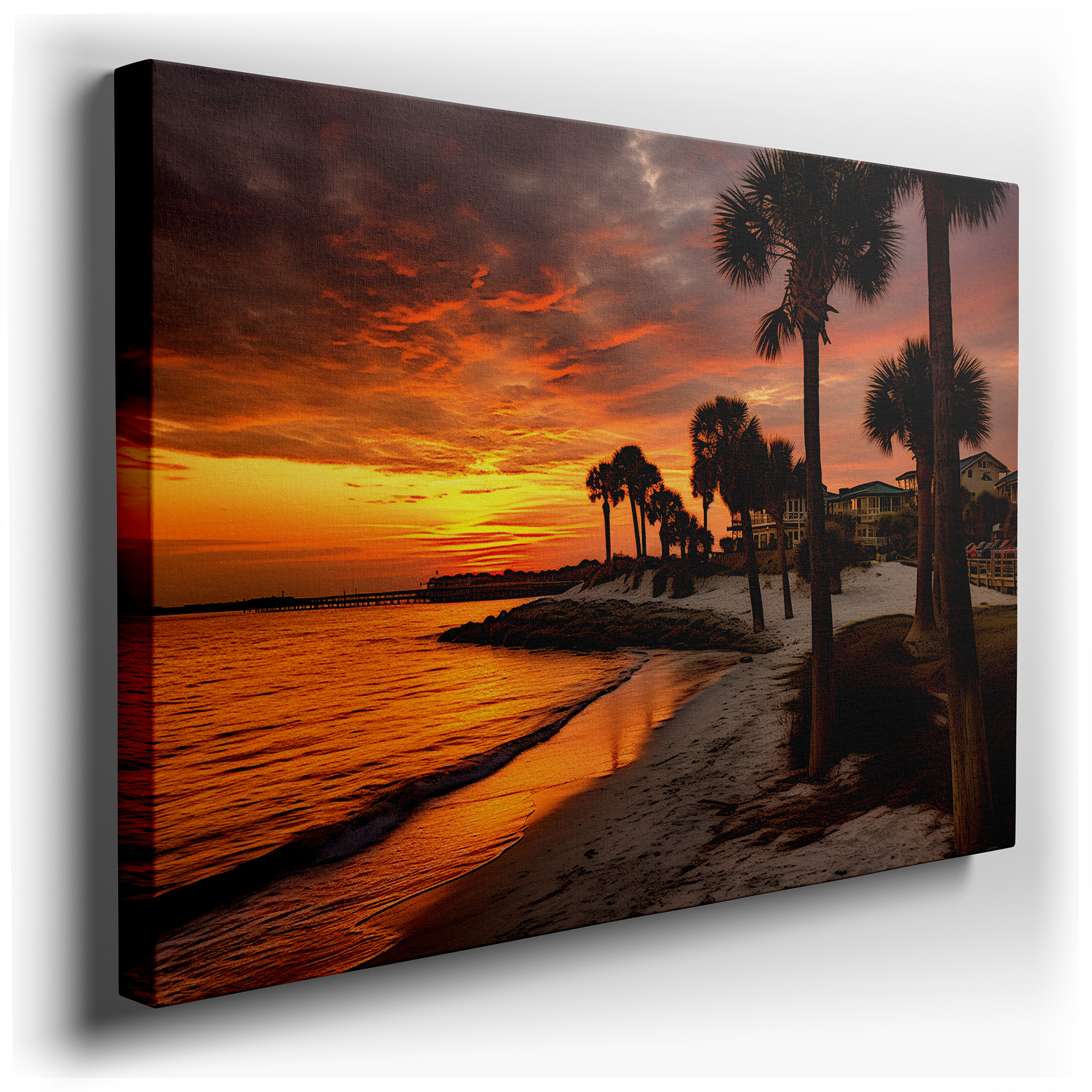 Fiery Sunset and Palm Silhouette Reflections on Sandy Beach - Large Canvas Wall Art for Office and Bedroom Decor