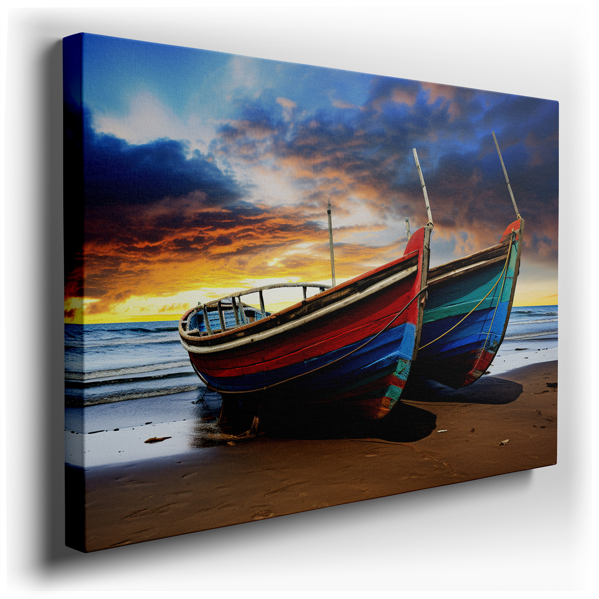 Fiery Sunset Over Abandoned Boats, Serene Beachscape Reflecting Time - Large Canvas Wall Art for Office and Bedroom