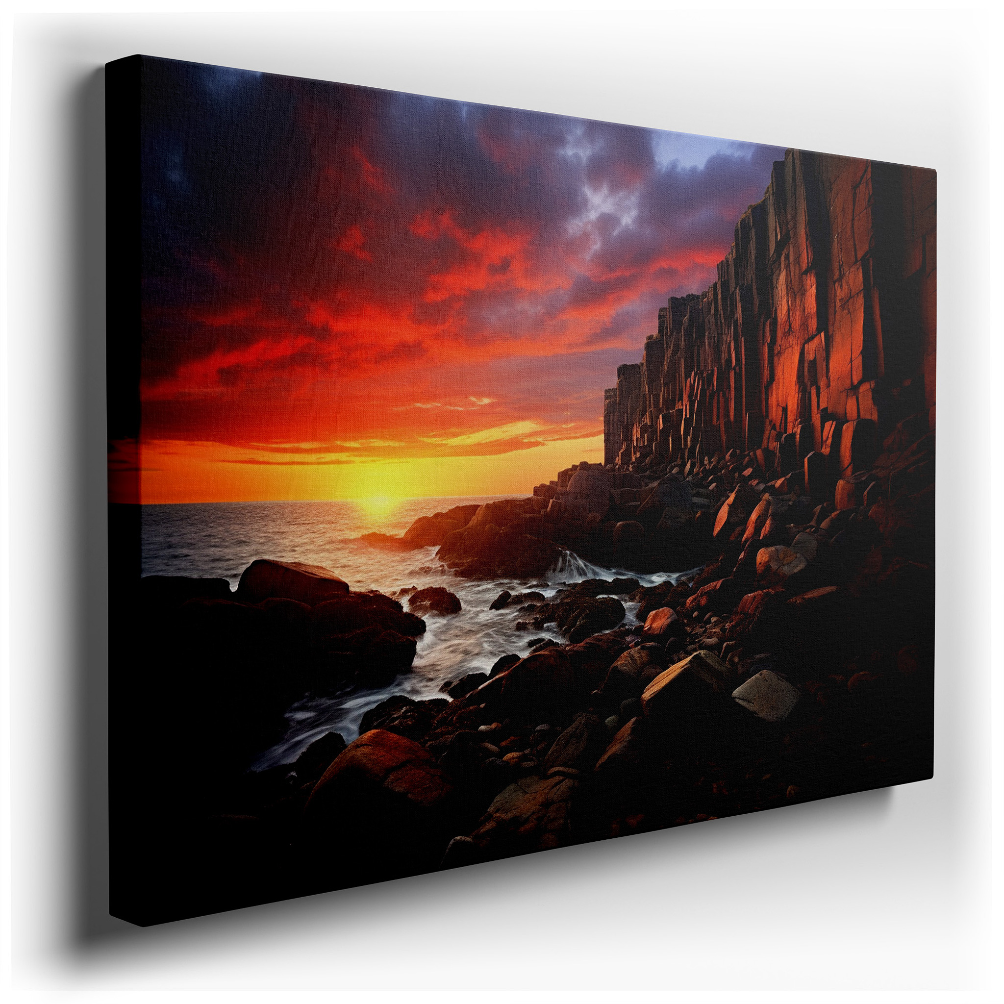 Fiery Sunset Over Rugged Coastline, Dramatic Sky and Formidable Rocks Large Wall Art, Canvas Wall Art, Wall Decor for