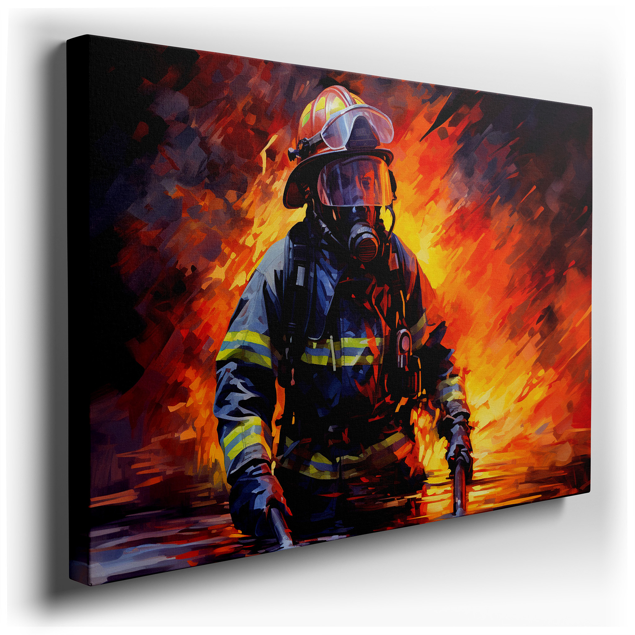 Firefighter's Bravery Amidst Flames Large Wall Art, Canvas Decor for Office, Bedroom, and Living Room wrapped canvas -