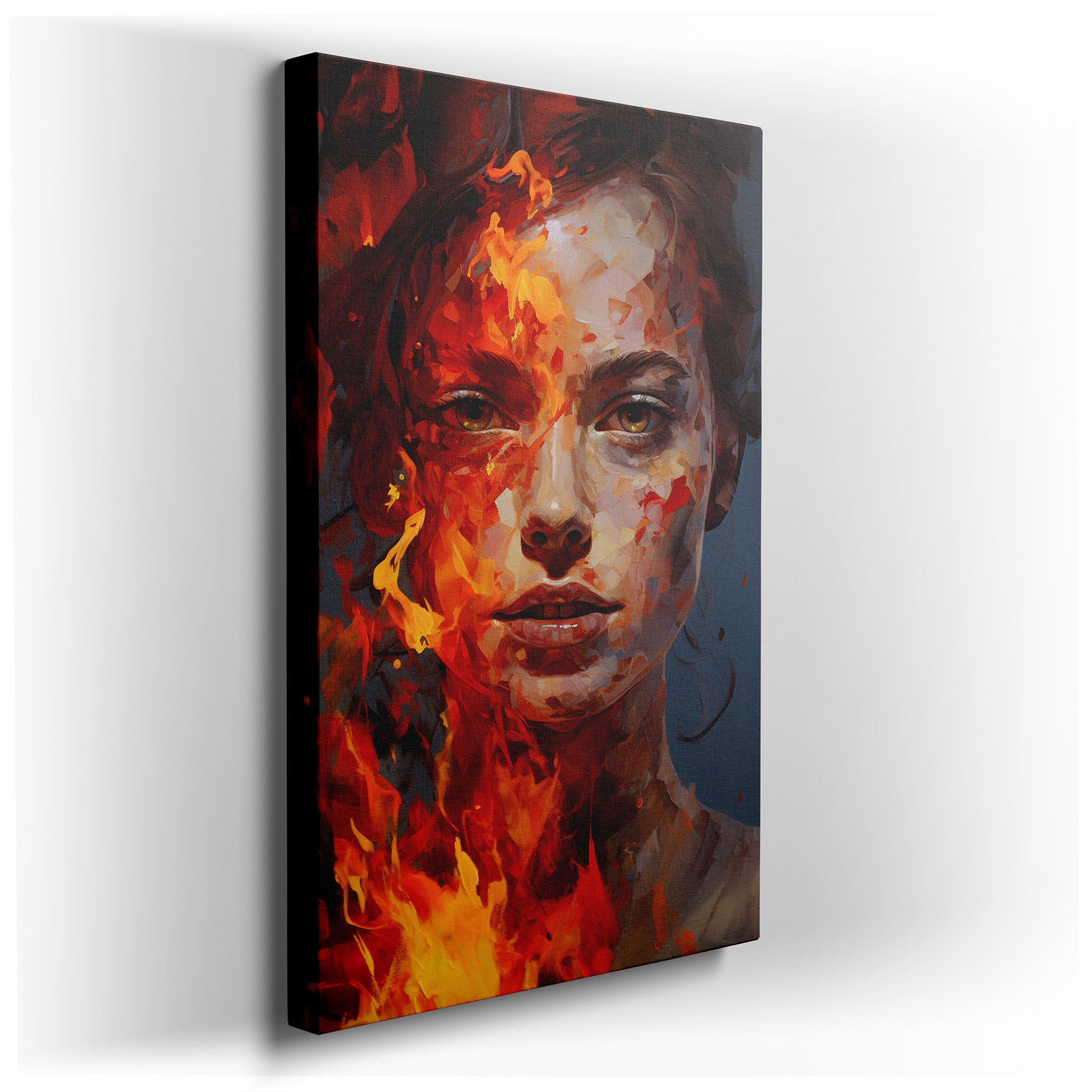 Flames of Passion and Resilience in a Woman's Intense Gaze: Large Wall Art, Canvas Wall Art, Wall Decor for Office,