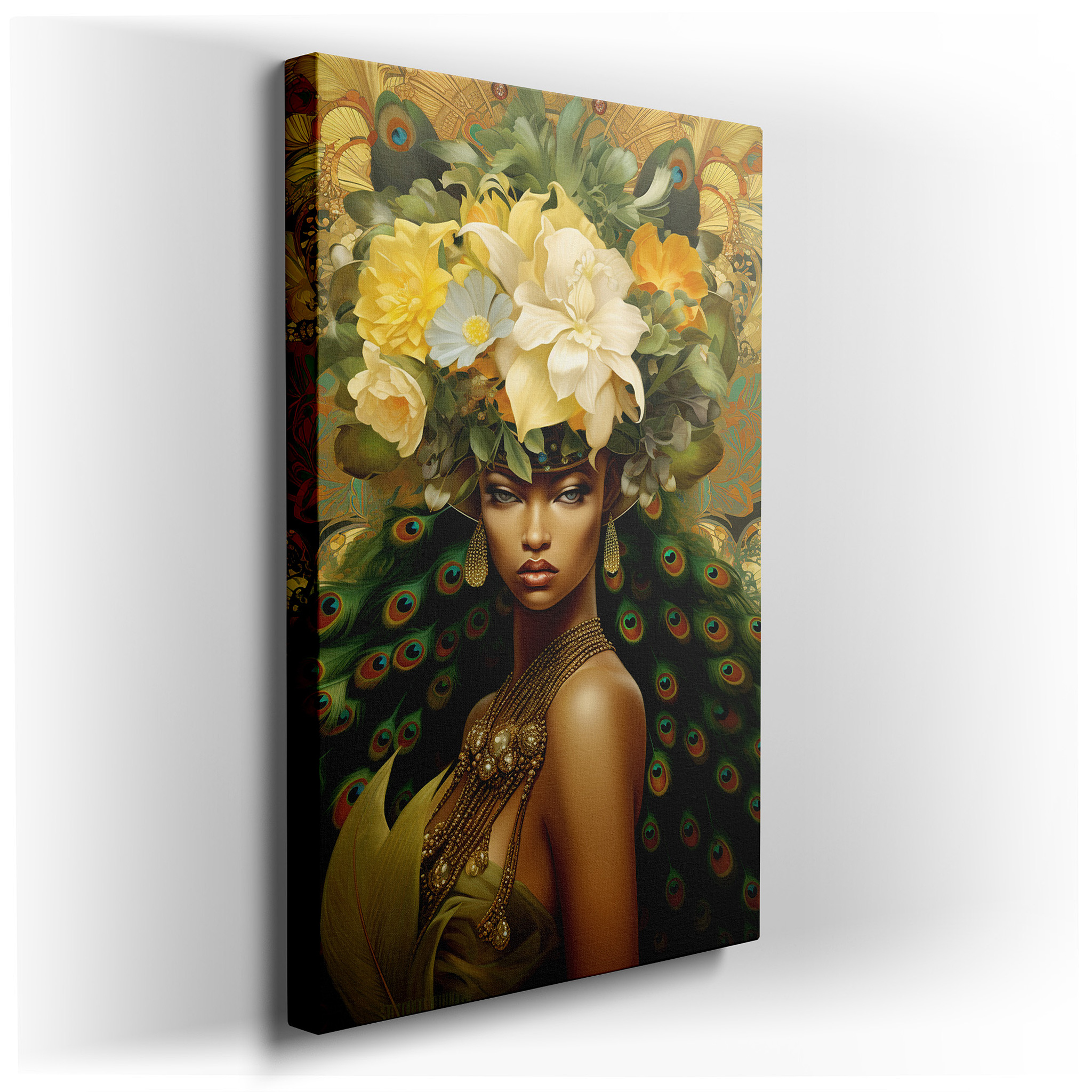 Floral Crowned Portrait Emphasizing Empowered Femininity and Nature's Majesty - Large Canvas Wall Art for Home and