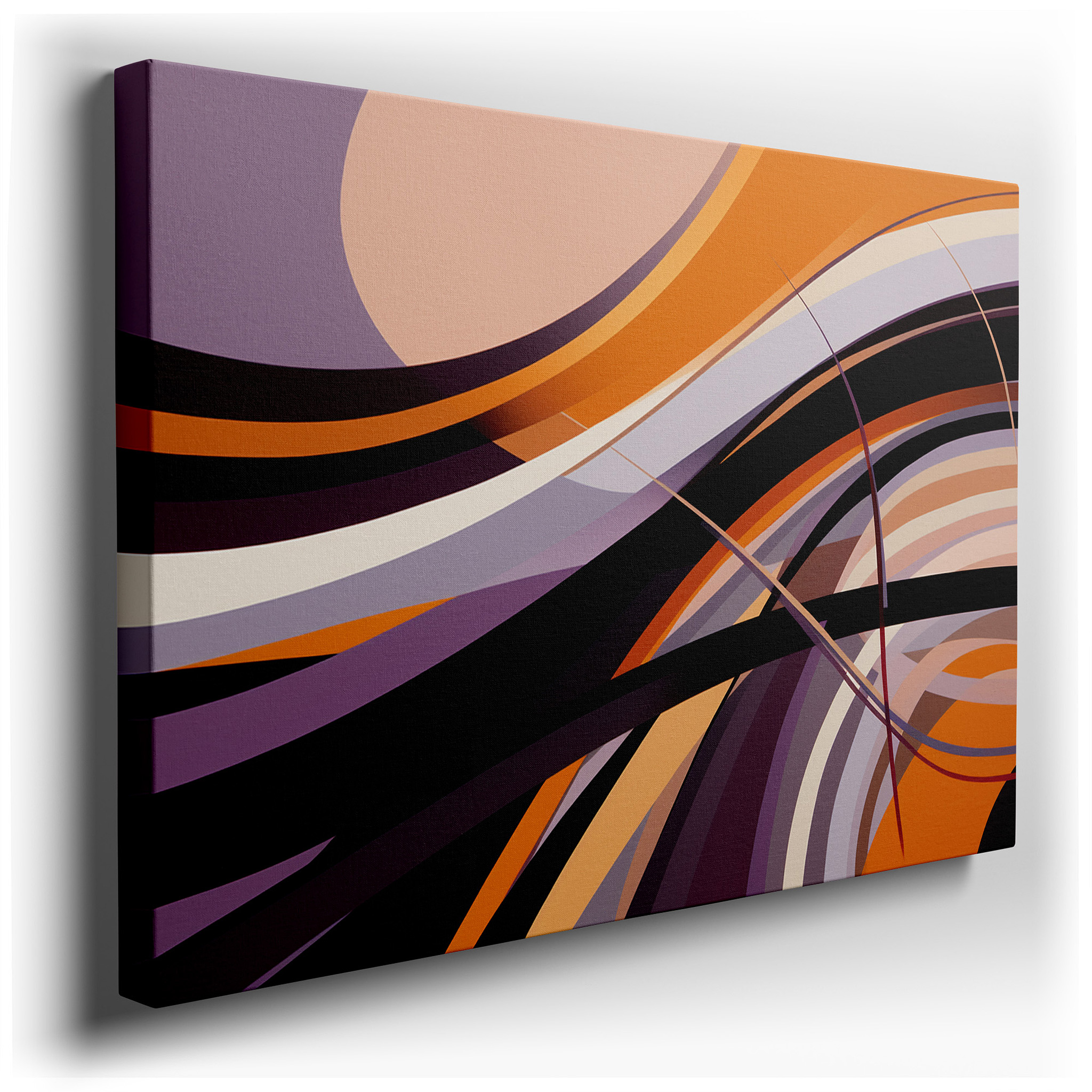 Flowing Curves in Vibrant Orange, Purple, and Black - Large Canvas Wall Art for Office and Bedroom Decor wrapped canvas