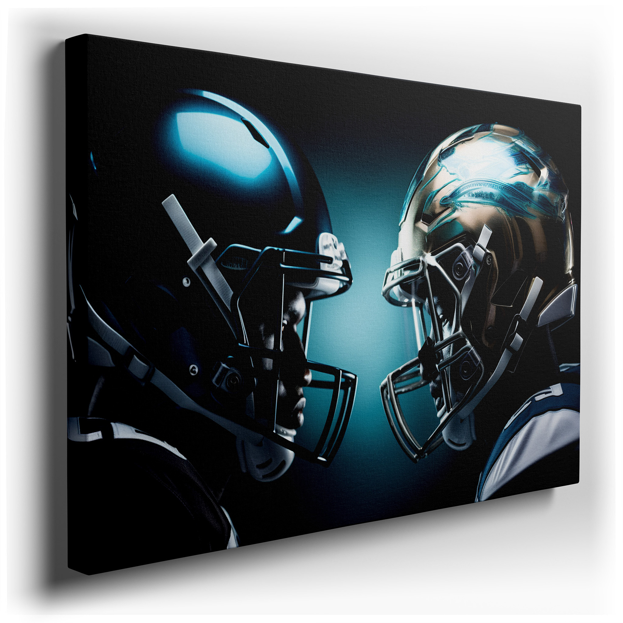 Football Rivalry Helmets - Intense Pre - Game Face - Off Depicting the Competitive Essence of Football, Large Canvas