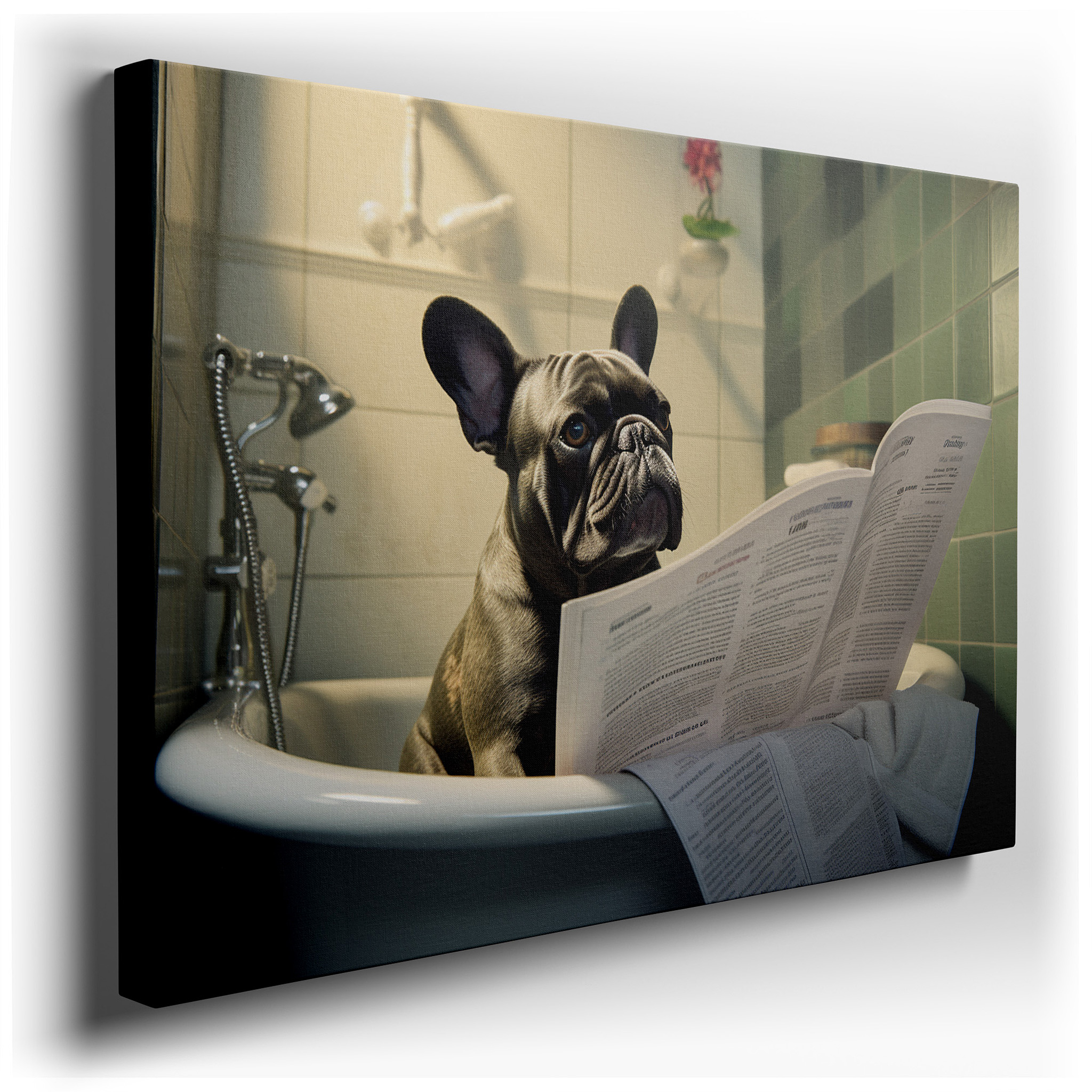 French Bulldog Relishing a Bath and Reading the Newspaper - Large Canvas Wall Art for Office, Bedroom, and Living Room