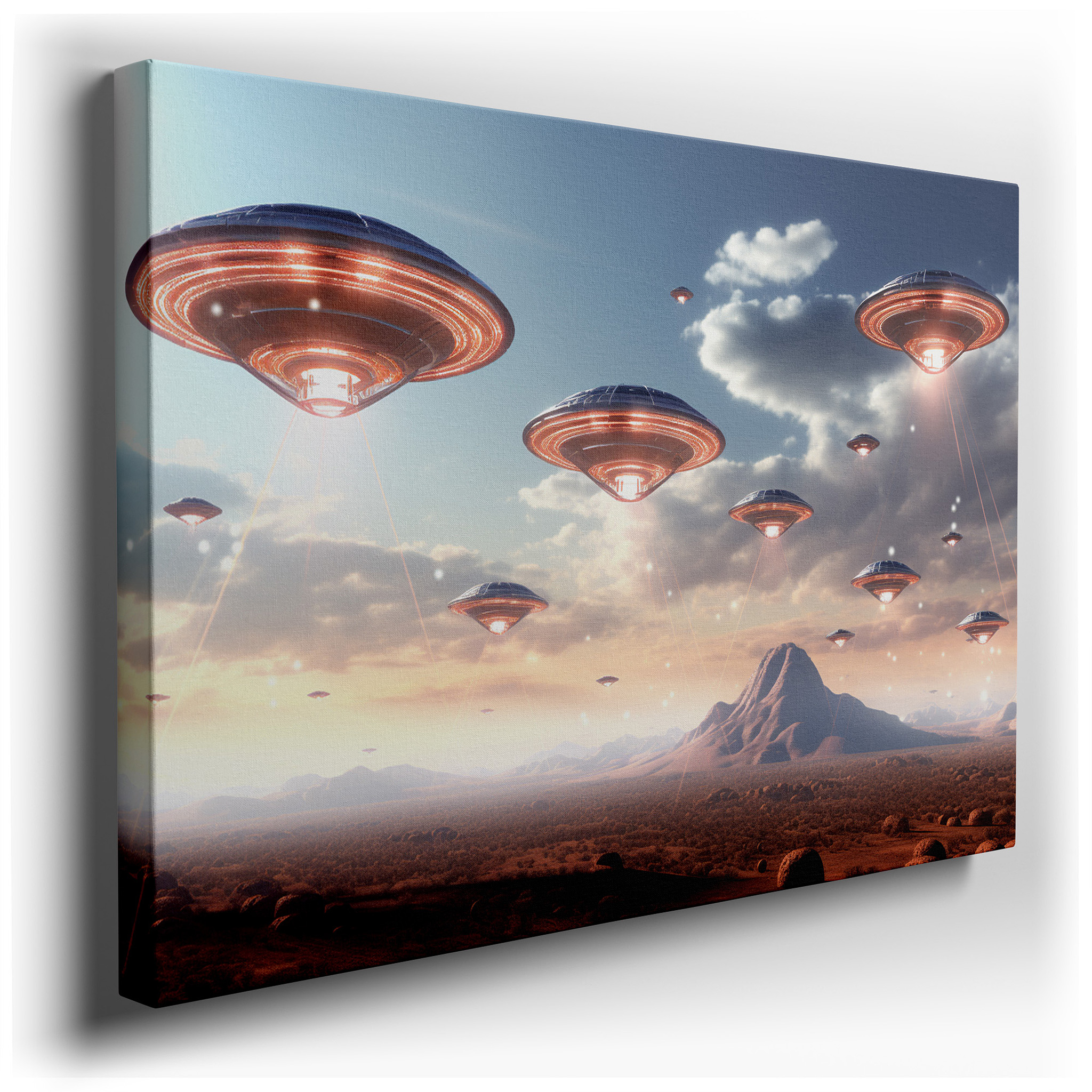 Futuristic Alien Landscape Wall Art Featuring Metallic UFOs and Jagged Mountains - Large Canvas for Office or Bedroom