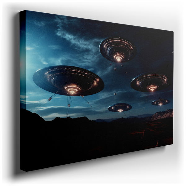 Futuristic UFOs Hovering Above a Barren Desert - Surreal Canvas Wall Art
