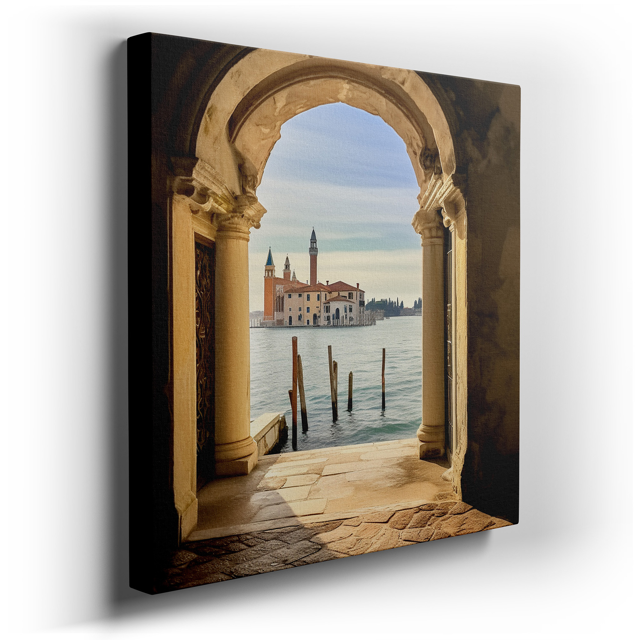 Gateway to Time: Arched Historical Architecture and Tranquil Waters - Large Canvas Wall Art for Office and Bedroom