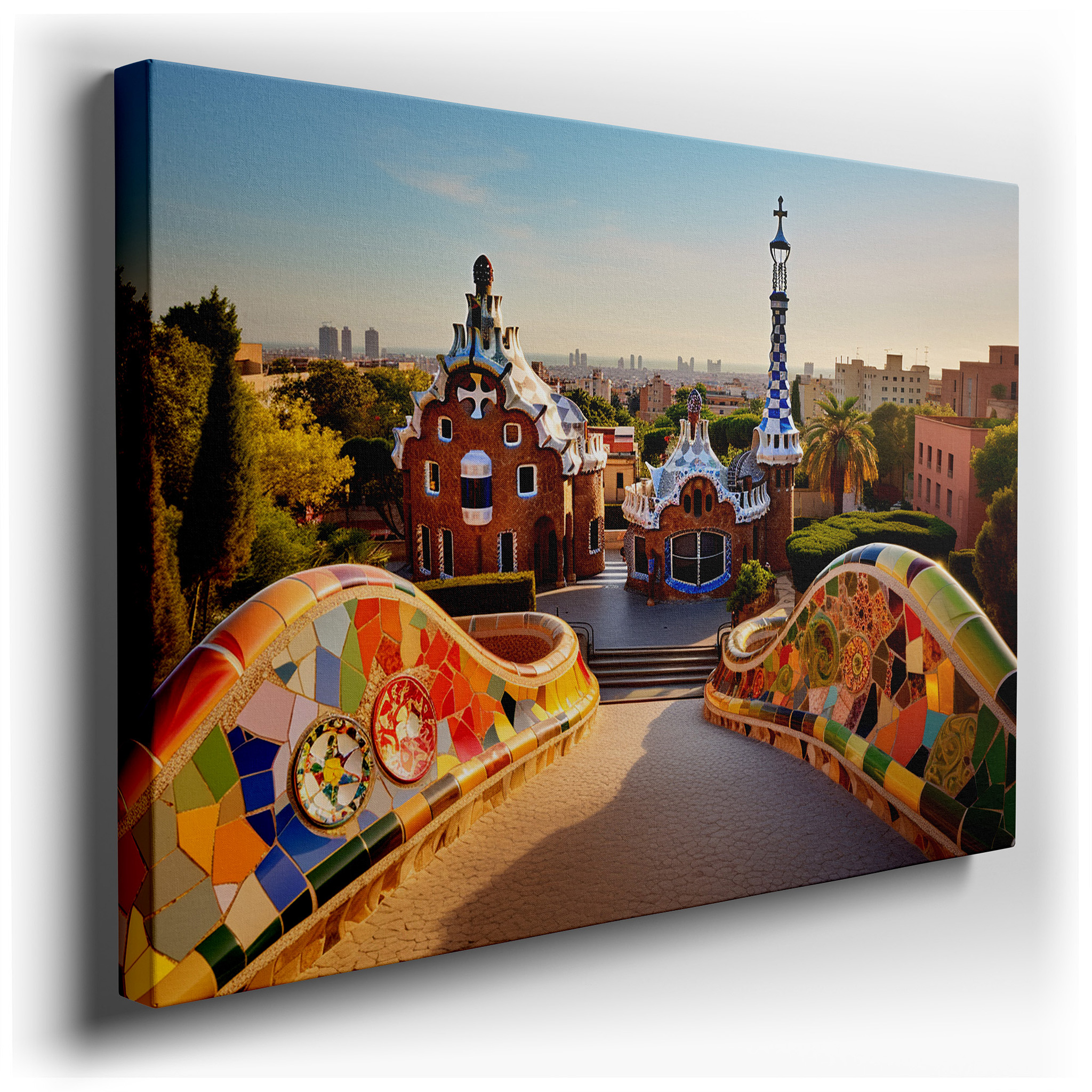 Gaudí's Surreal Park Güell Vibrant Mosaic Large Wall Art, Canvas Wall Decor for Office and Bedroom wrapped canvas -