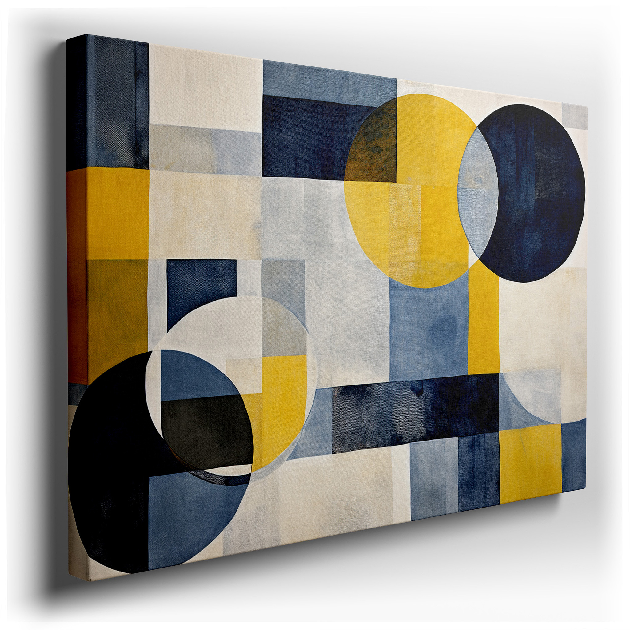 Geometric Symphony in Blues and Yellows: Large Canvas Wall Art for Office Decor, Balancing Structure with Spontaneity